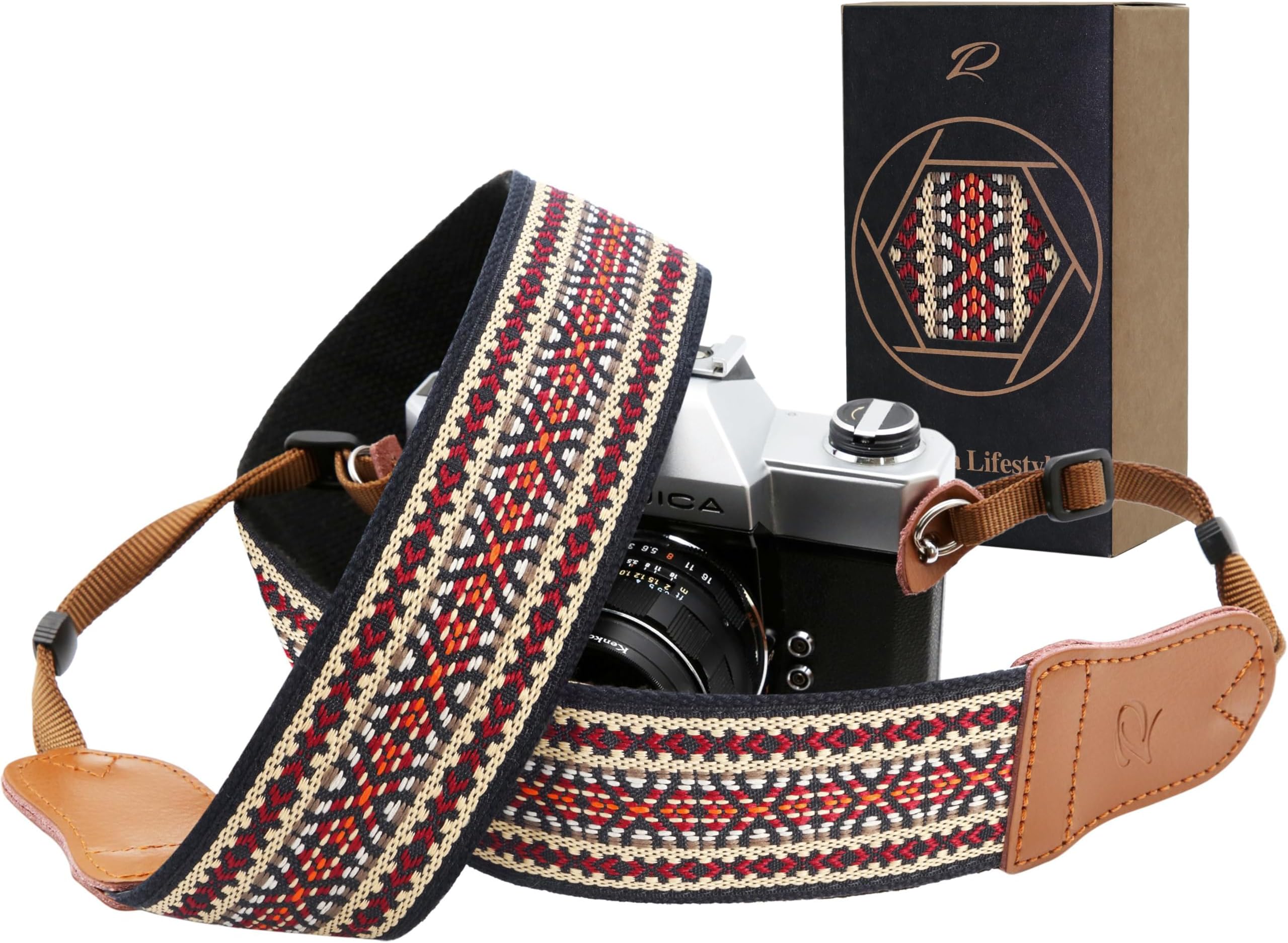 Padwa Lifestyle Speed Red Embroidered Camera Strap - Double Layer Cowhide Ends,2" Cotton Woven Camera Straps, Adjustable Vintage Neck & Shoulder Strap for All DSLR Cameras,Great Gift for Photographers