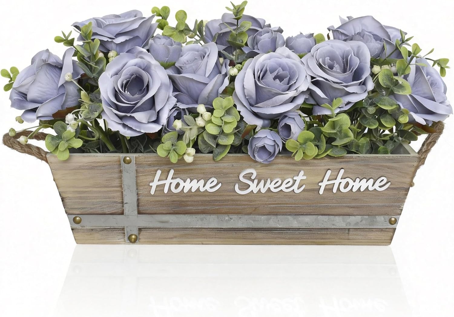 Home Sweet Home Artificial Rose Flower Arrangement with Eucalyptus in Wooden Planter, Faux Flowers Farmhouse Entryway & Table Centerpiece, Rustic Home Décor, Dusty Blue