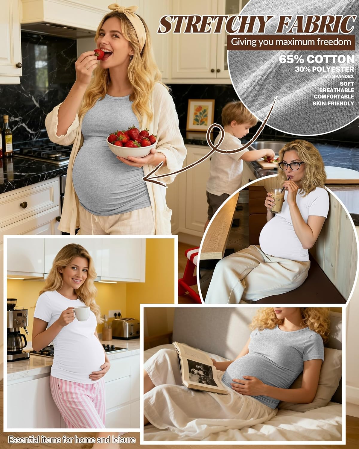 Huukeay 4 Pack Women's Maternity Shirts, Crew Neck Maternity Top Short Sleeve Casual Cotton Tee Side Ruched Pregnancy Clothes - Image 4