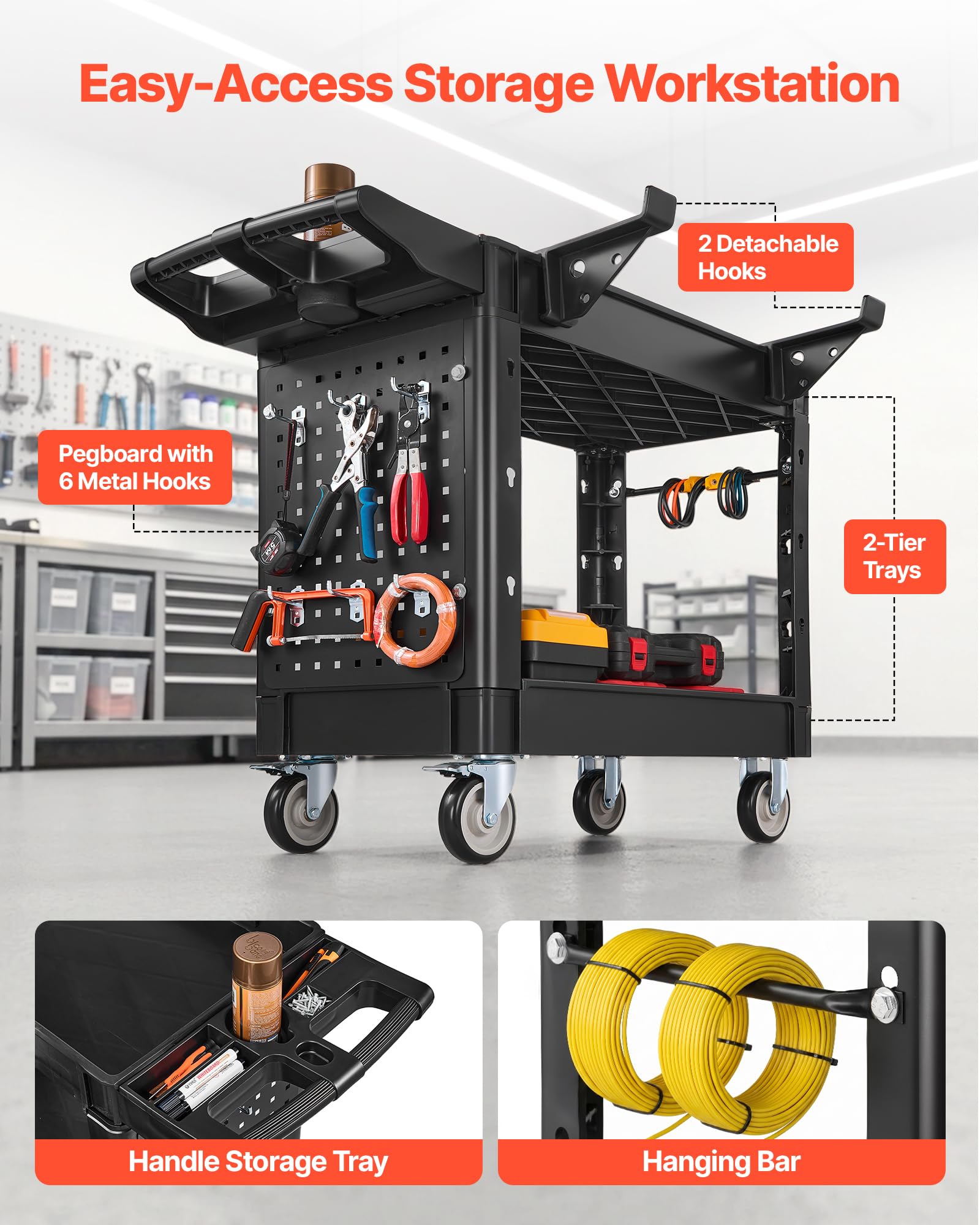 VEVOR Carrello di Servizio Portata 250kg 2 Ripiani Ruote Girevoli con Freno, Carrello Officina, Ruote Fisse con Freno, Struttura in Plastica Resistente con Vassoio e Pannello Forato, per Magazzino