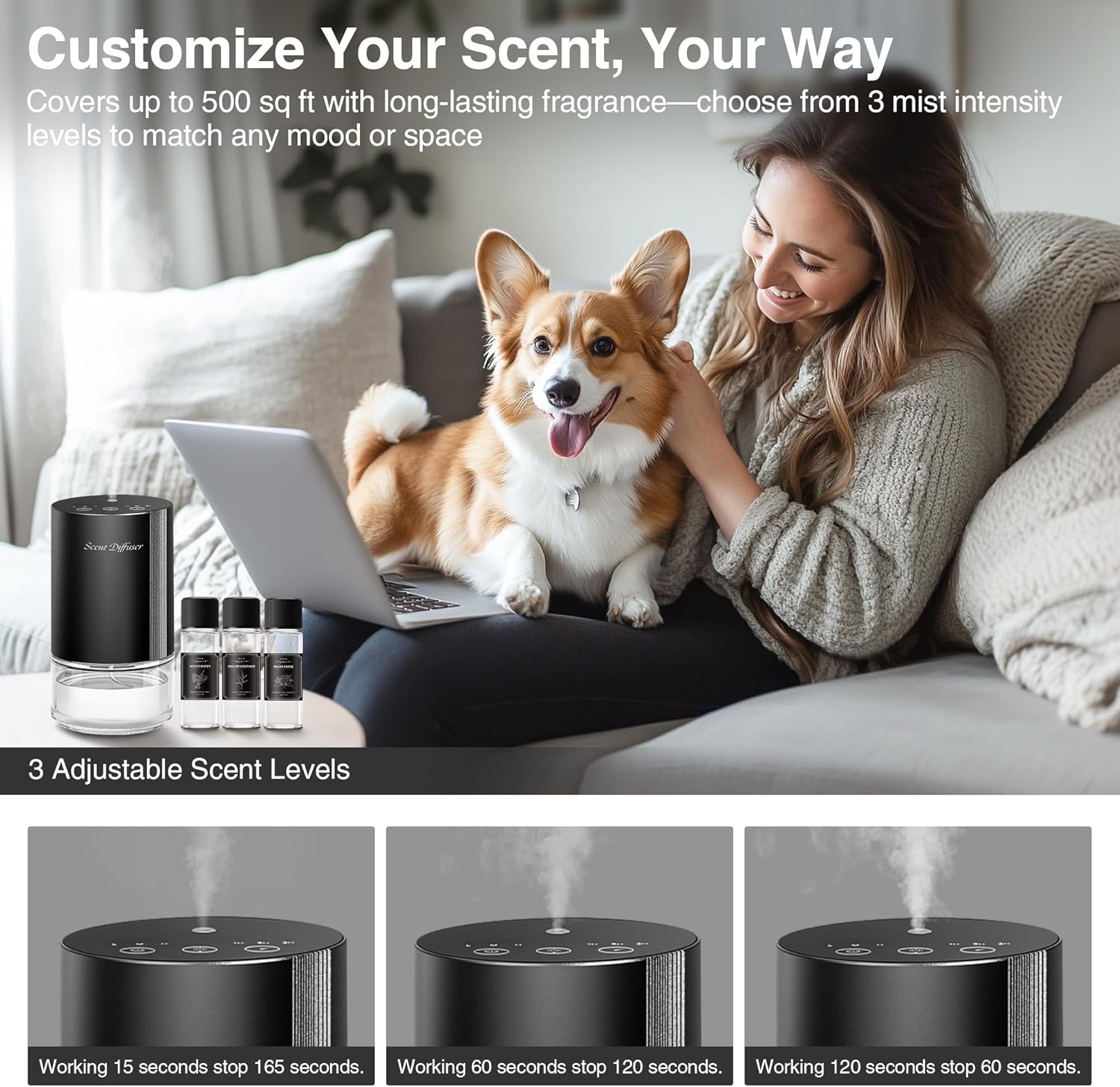 Waterless Essential Oil Diffuser Stater Kit - Included 3x20mL Essential Oils, Battery Operated, Cold Air Scent Diffuser for Home, Car, Office, Portable Diffuser with 7-Color Light, 100mL, Black