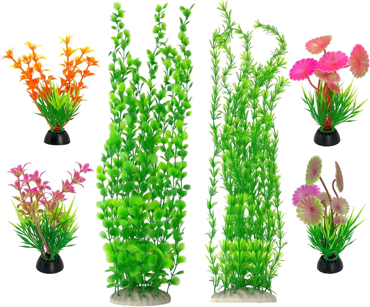 6 pcs Tall Aquarium Plastic Plants, Featuring Two 23.6-inch Green and Four 3.9-inch Multi-Color – Artificial Plastic Plants for Fish Habitat Decor, Safe Bendable Underwater
