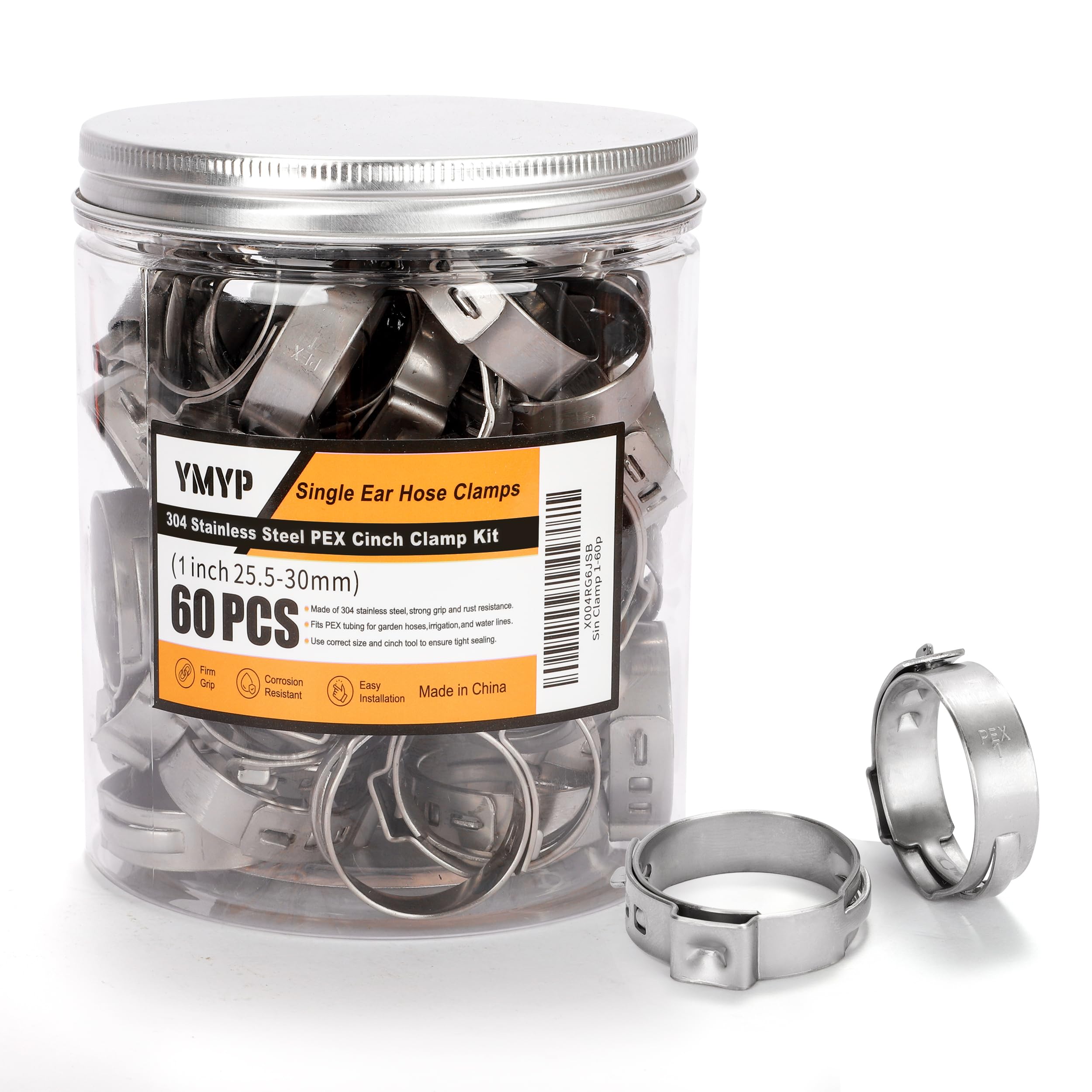 60PCS 1 Inch PEX Cinch Clamps, 304 Stainless Steel Single Ear Hose Clamps for PEX Tubing & Pipe Fittings, Leak-Proof and Rust-Resistant