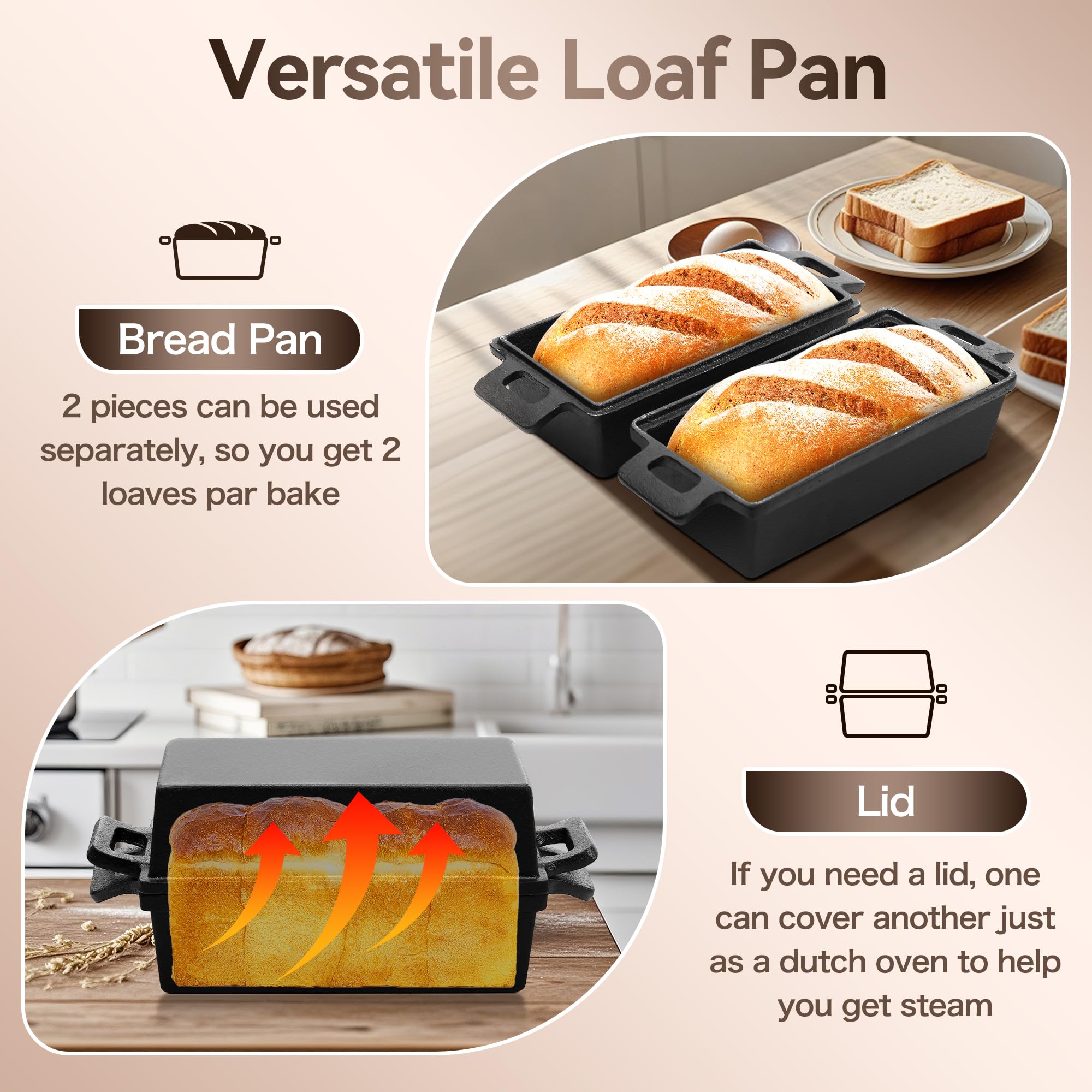 W&H Molde para pan con tapa, olla de hierro fundido con cesta de fermentación incluida, ideal como molde rectangular para pan, molde para pan de molde, molde para pan, accesorios para hornear pans | Ideal como molde para pan, pan tostado, molde para pan,