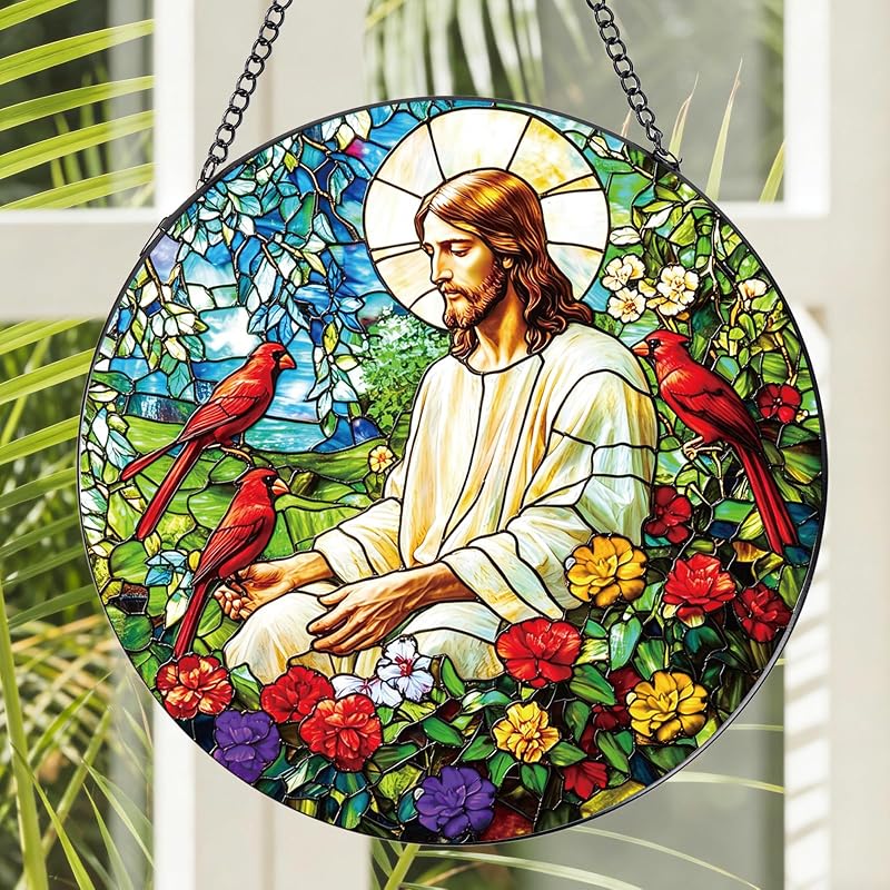 Suncatcher Redondo de Vidro com Jesus e Cardeais Rngmsi, Decoração Cristã para Janela