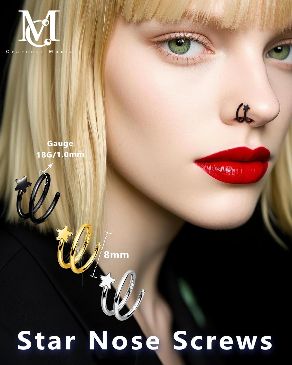 CM Crareesi Mania 18G Nose Screws 316L Stainless Steel Star Double Nose for Single Piercing Jewelry 3PCS Nose Screws Pack for Women Men Nostril Piercing - Image 2