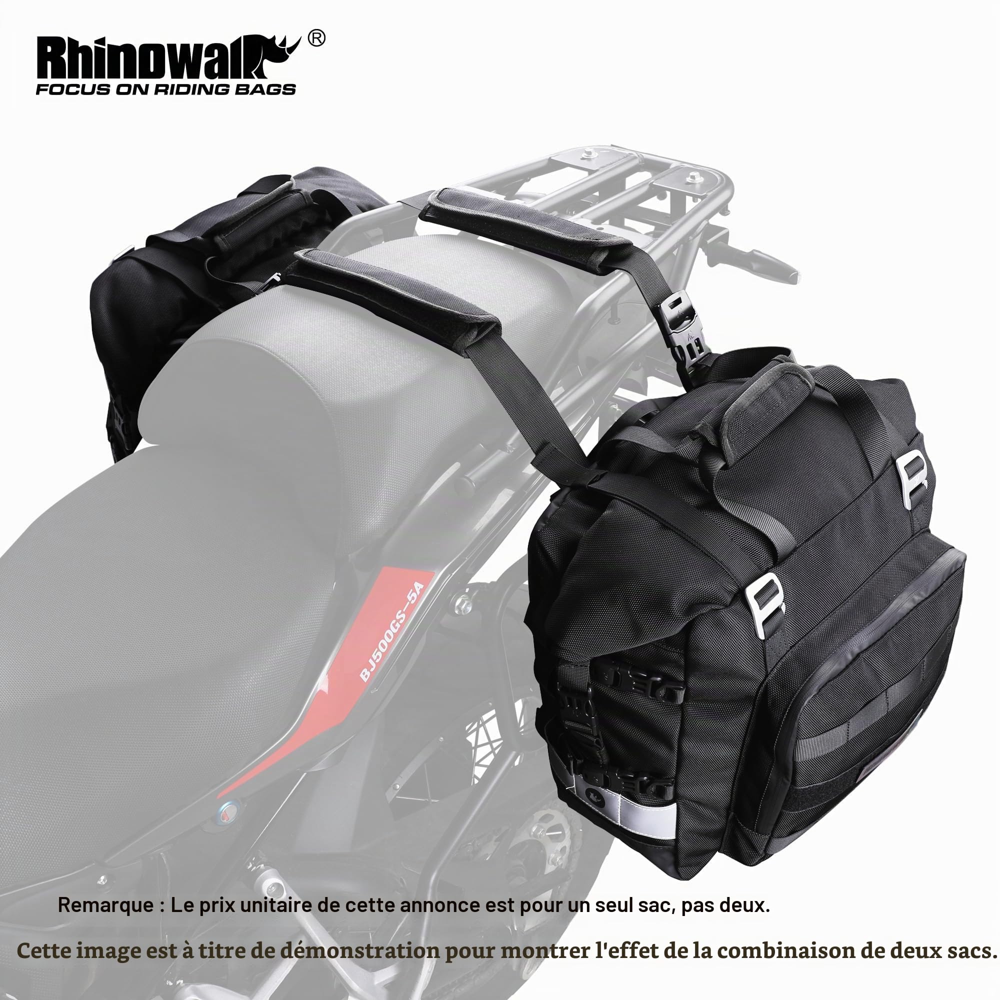 Rhinowalk Sacoche de selle de moto - Poche latérale étanche de 20 l - Montage rapide - Pour vélo d'aventure et de sport - Noir - 1 pièce