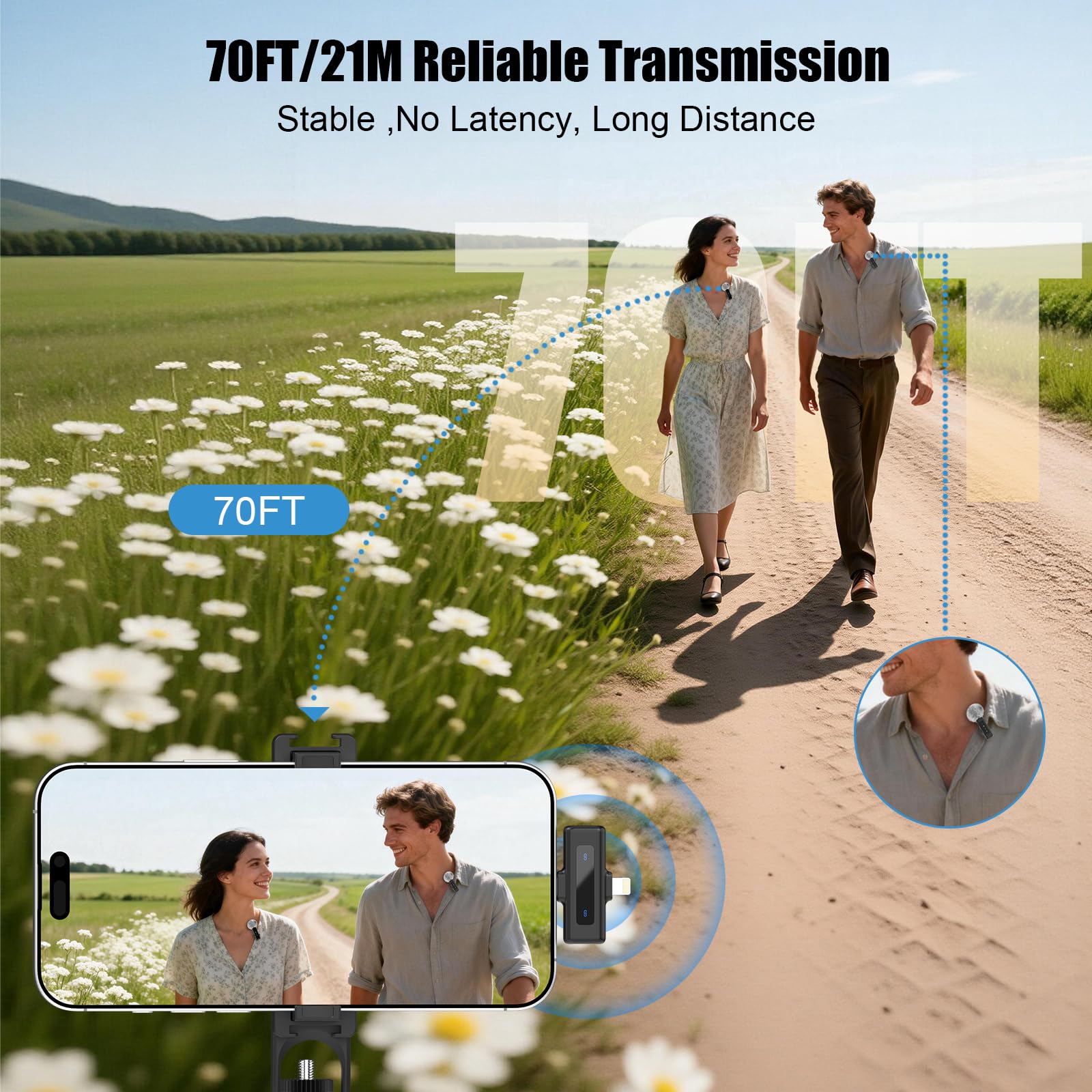Micro cravate sans fil 3 en 1 pour iPhone/Android/appareil photo, mini microphone professionnel à clip rotatif et suppression du bruit, idéal pour Vlog, TikTok et YouTube