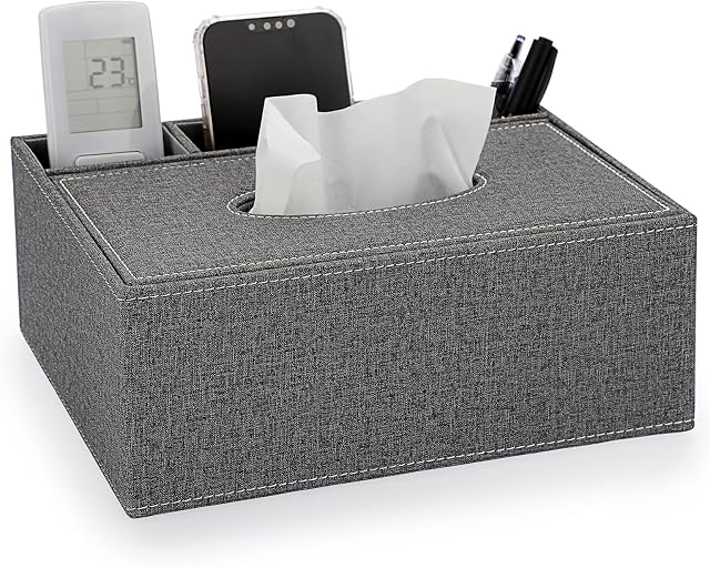 BTSKY Linen Household Office Rectangular Tissue Box with Remote Control Storage Organizer Box - Elegant and Stylish Home Napkin Holder Desktop Tissue Paper Holder Desk Storage Organizer (Grey)