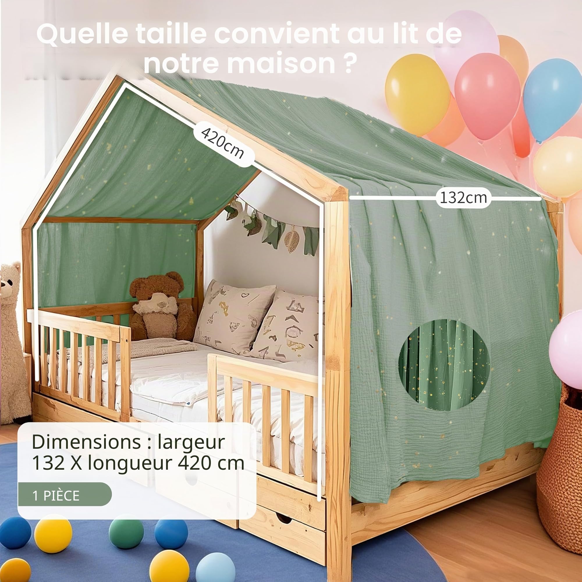 Home Housse de couette avec application dorée, fabriquée à la main en mousseline 100 % coton, ciel de lit pour décoration de lit, convient pour filles et garçons (eucalyptus, 132 x 420 cm)