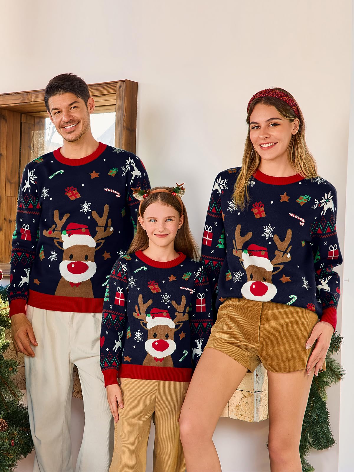 Saodimallsu Chandails de Noël Famille Femmes Hommes Enfants Unisexe Pull de Noël Motif Renne Pull Hiver