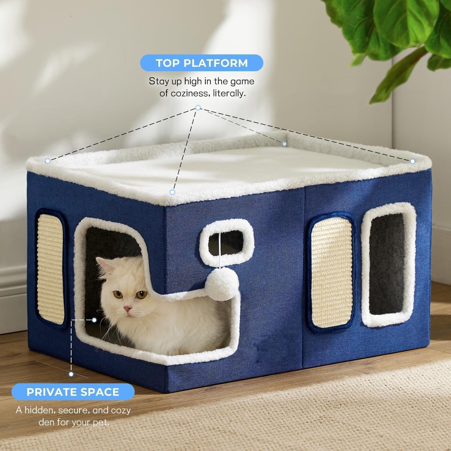 بيت قطط للقطط الداخلية، بيت قطط كبير وواسع للغاية للحيوانات الأليفة مع كرة ناعمة للتعليق ووسادة خدش، سرير قطط قابل للطي ومخبأ للقطط المتعددة، مقاس 58× 42 × 33 سم، لون رمادي