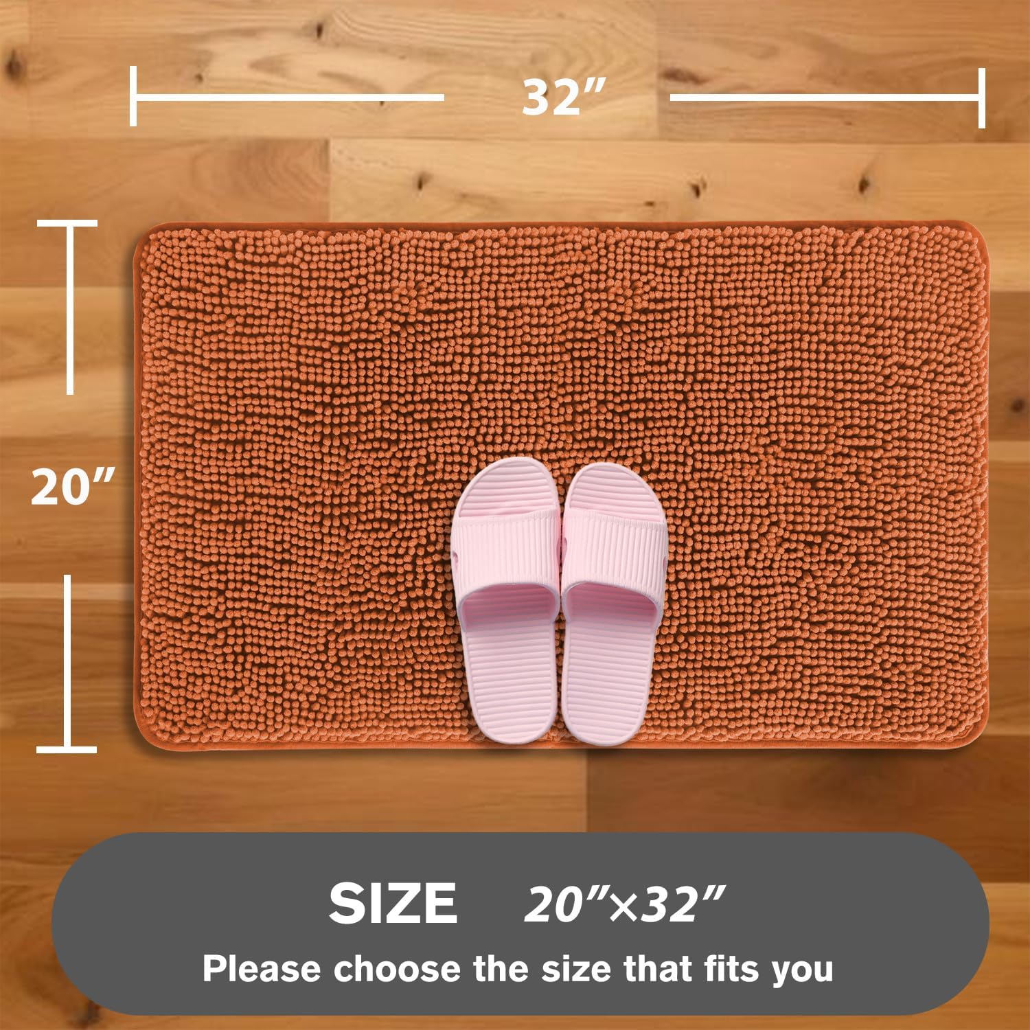 Burnt Orange Bathroom Rugs – Absorbent and Washable Bath Mat, Non-Slip, Thick Soft Chenille Bath Rugs for Bathroom Floor, Shower, Sink - 20" x 32"
