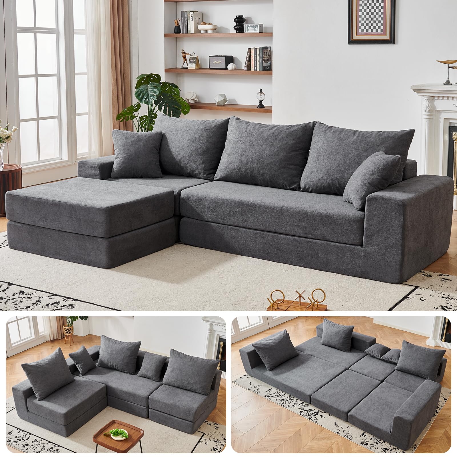 108'' modular sectional couch, modern 3-seater boneless cloud sleeper sofa, l-shaped convertible sectional with non-slip bottom, no assembly required, deep seats couch for living room, grey ( similar to one in stock)