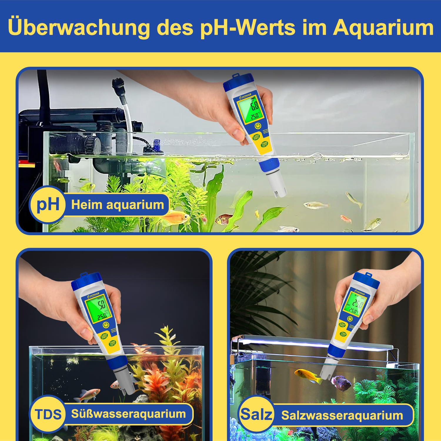 UIUZMAR Salzgehalt Messgerät für Poolwasser, Digitales pH und Salzmessgerät für Pool, Größerer Bildschirm, 5-in-1 pH Salz EC TDS Temperatur Wasser Tester für Hydrokultur, Aquarium, Spa
