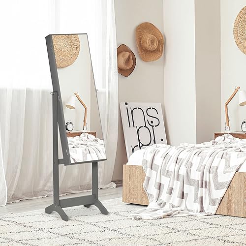 Miniatura 2 de HOMCOM Armario de joyería de pie, organizador de joyas con cerradura con espejo de longitud completa y 3 ángulos ajustables, gris