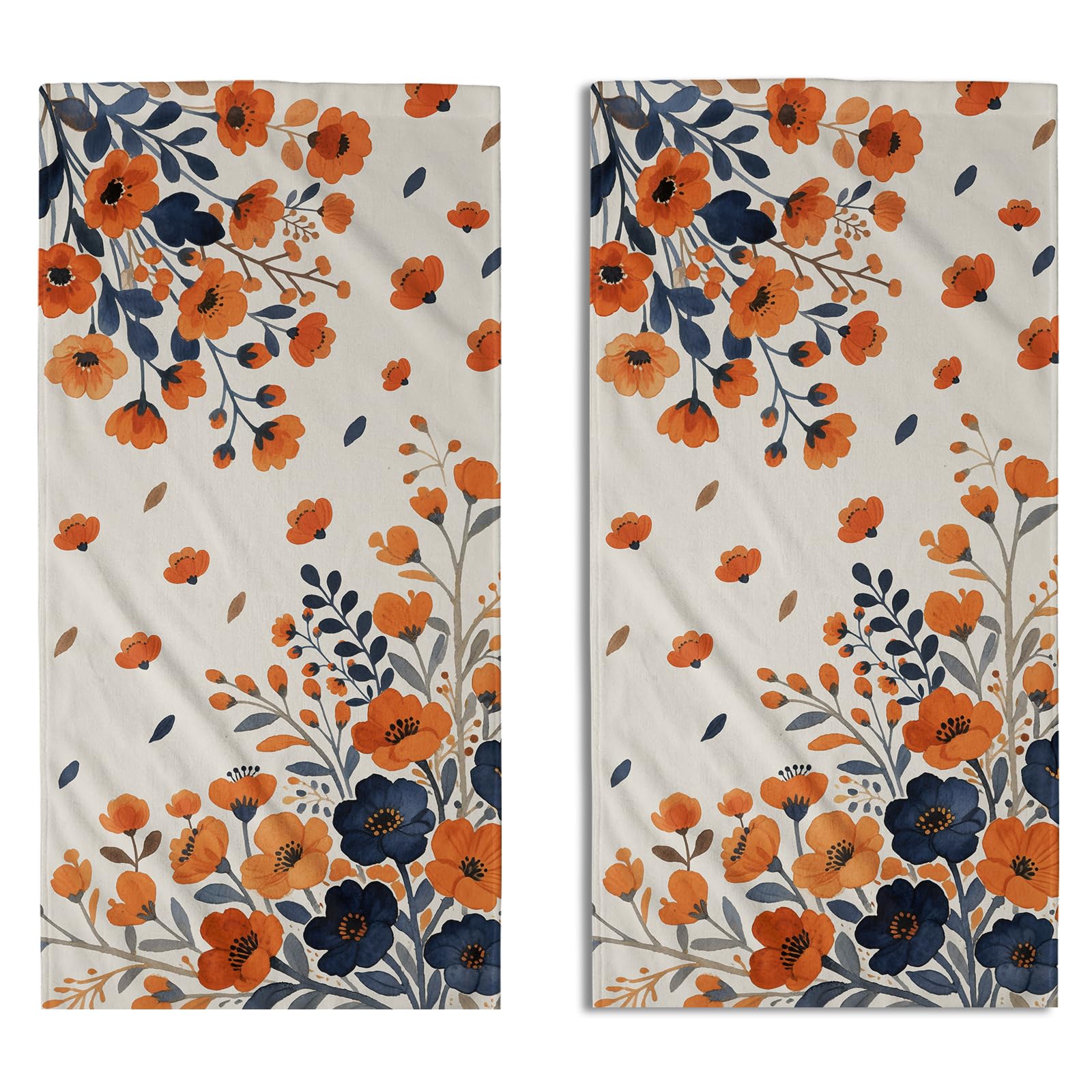 Aytipun Fall Floral Hand Towels for Bathroom Set of 2 Blue Burnt Orange Autumn Flower Theme Holiday Print Seasonal Decorative Handtowels Soft Absorbent Bath Towel for Home Guest Room Hotel Gym Spa