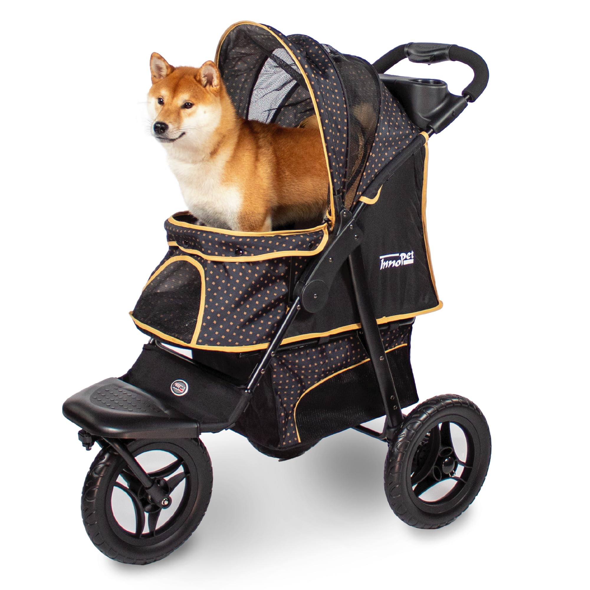 Poussette Innopet Adventure noir/jaune, tout-terrain, 30 kg, anti-crevaison, pliage facile, porte-gobelet