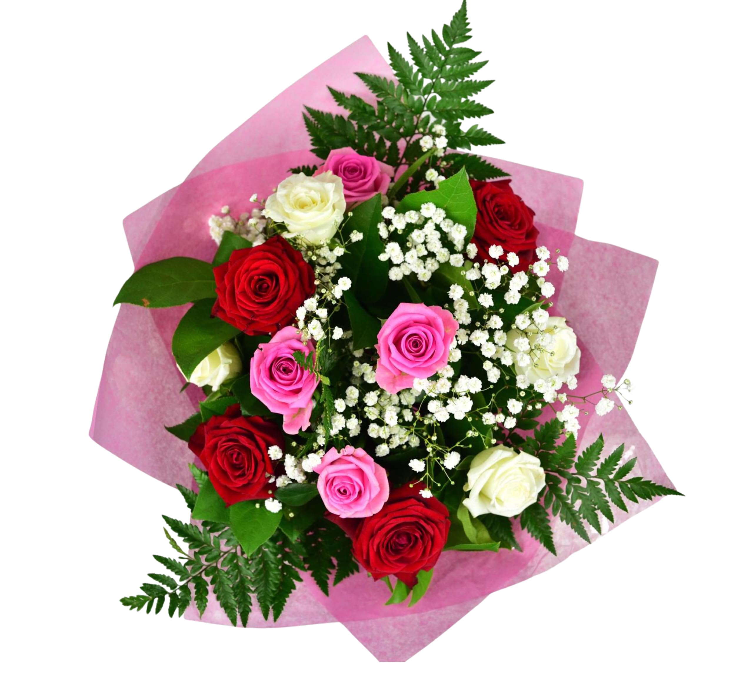 Heaven Bouquet Fresh Red - Pink - White Roses, Gypsophila, Seasonal Arrangement for Weddings, Birthdays, Anniversaries, Sympathy, Gift Floral Celebration