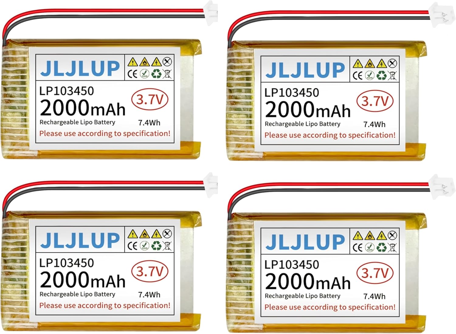 4pcs 3.7V 2000mAh Lithium Polymer Rechargeable Battery 1S 1C LiPo Battery with PH 2.0mm Connector Integrated Protection Circuit for Arduino ESP32 Development Board for Speaker Wireless Device