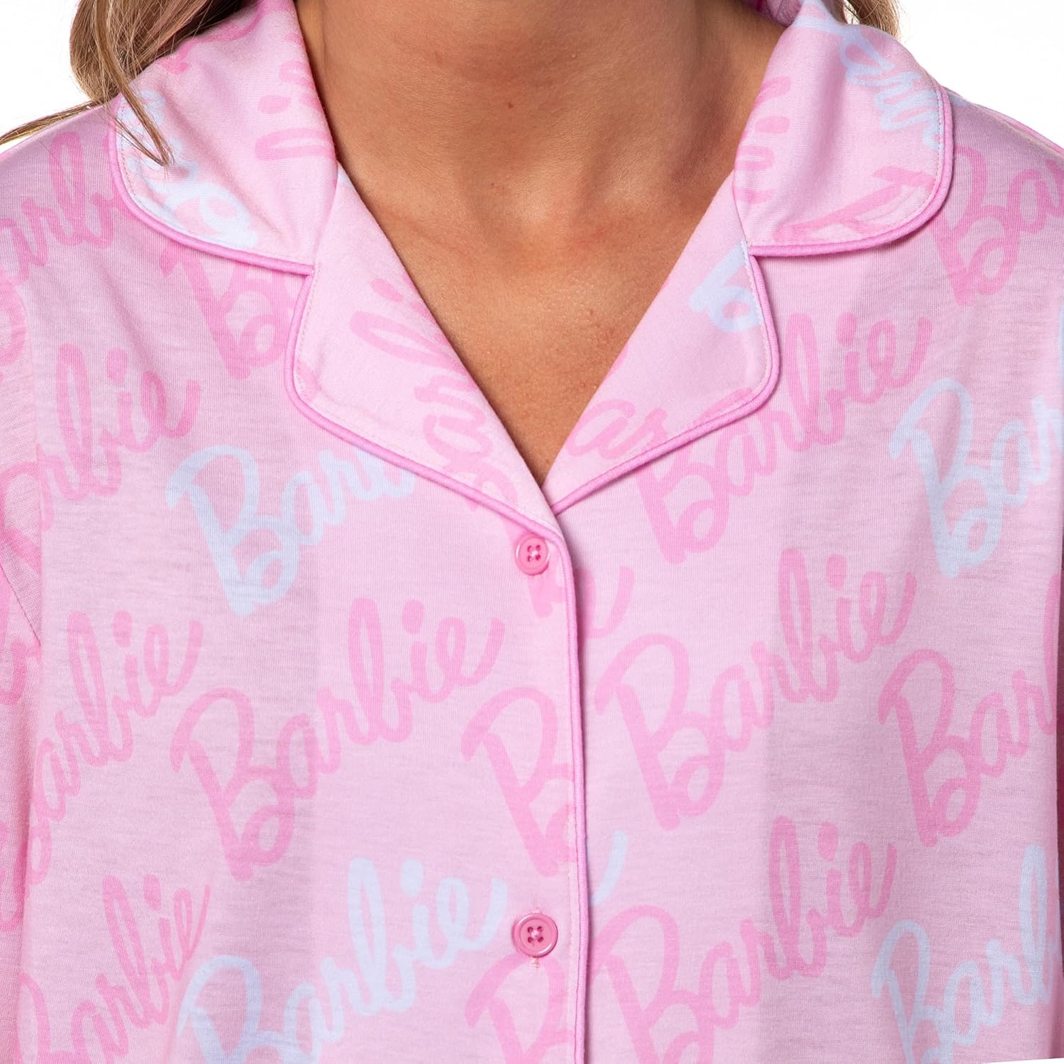 INTIMO Barbie Women's Doll Logo Tossed Sleep Collared Button Down Long-Sleeve Pajama Set - Image 2