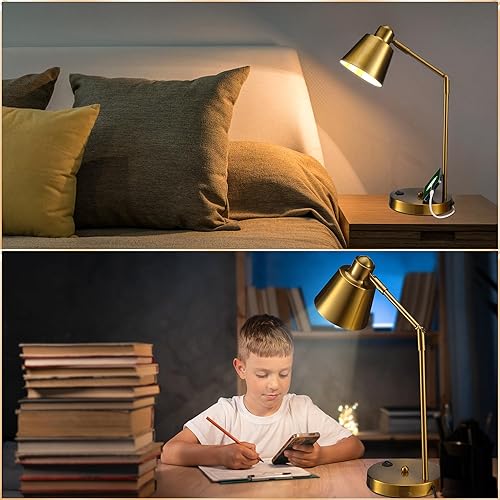 Miniatura 7 de Lámpara de escritorio LED con puertos de carga USB duales, lámpara 100% metálica, brazos giratorios de 270, luz blanca suave (3000 K), lámpara de
