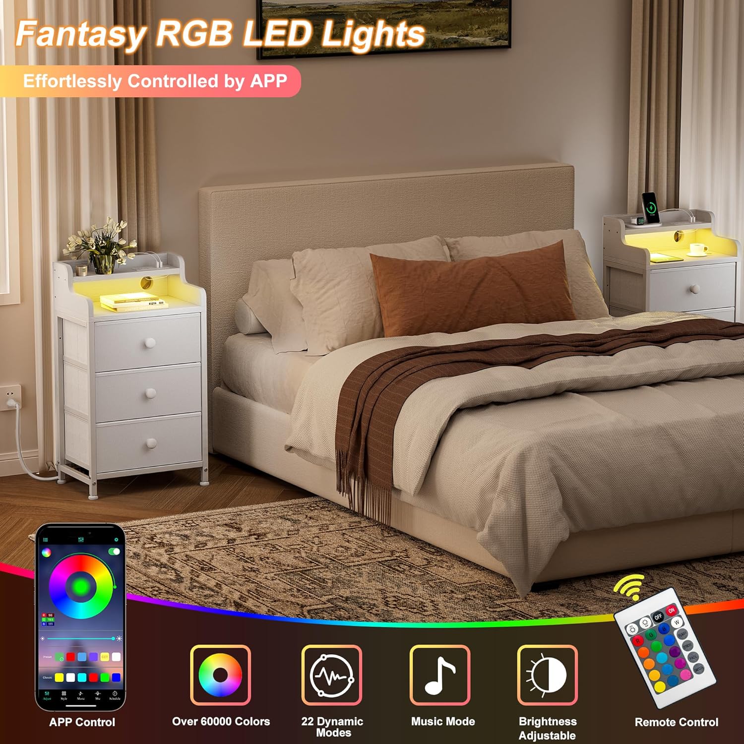 REAHOME Nightstand with Charging Station and LED Light, Tall White Night Stand with 3 Drawers and 2-Tier Shelf, Bedside Table with Sturdy Steel Frame Wood Top for Bedroom, Living Room - White 30D x 40W x 78H cm (3 Drawers) White