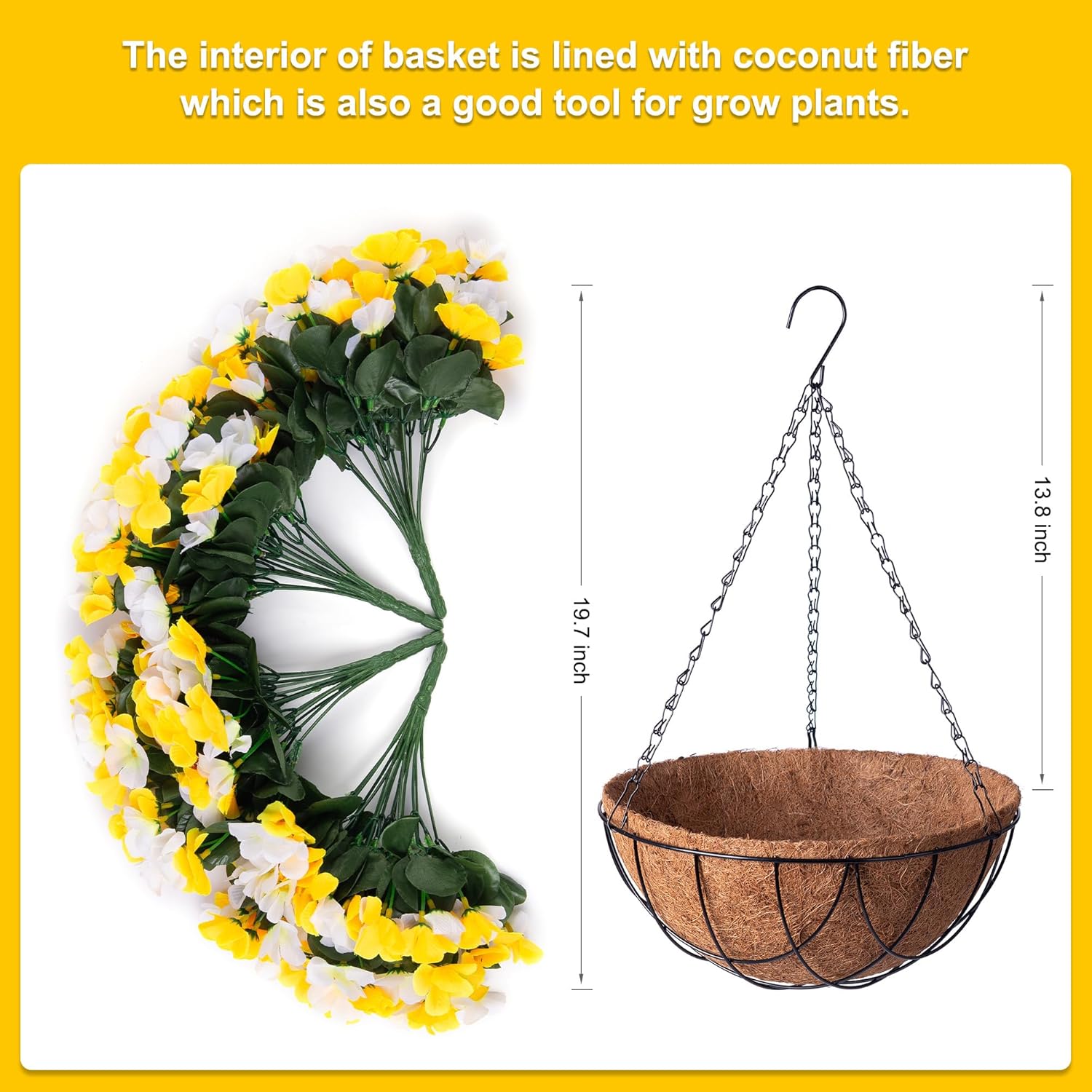 Artificial Hanging Flowers with Basket for Outdoor, Fake Hydrangea UV Resistant Arrangements in Pot Planter Spring Summer Decor for Porch Garden Yard(Yellow White) - Image 2