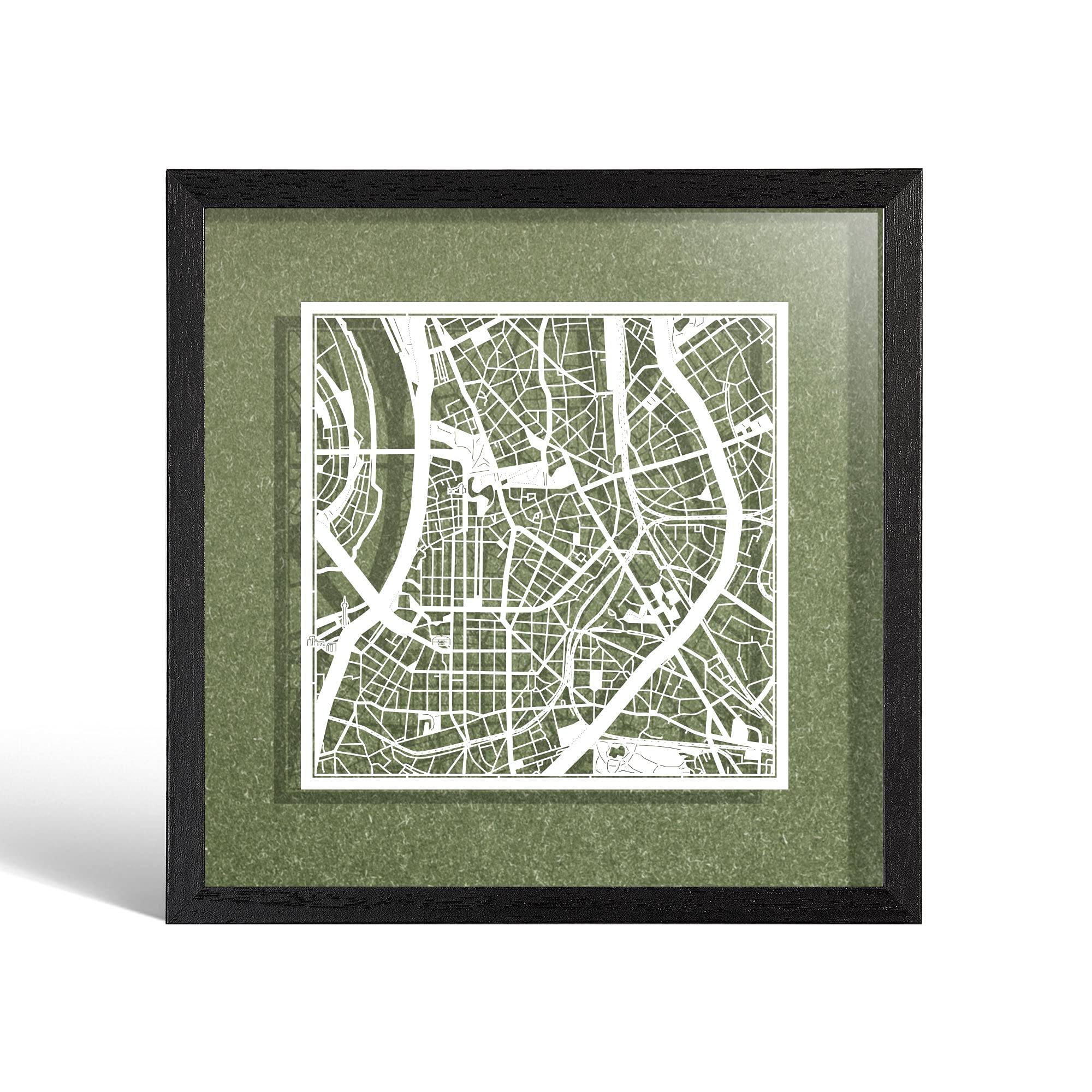 O3 DESIGN STUDIO Dusseldorf Paper Cut Map framed, White map, Black frame, 23x23 cm, Gift Boxed, 4 background color, self-changing, Paper Art