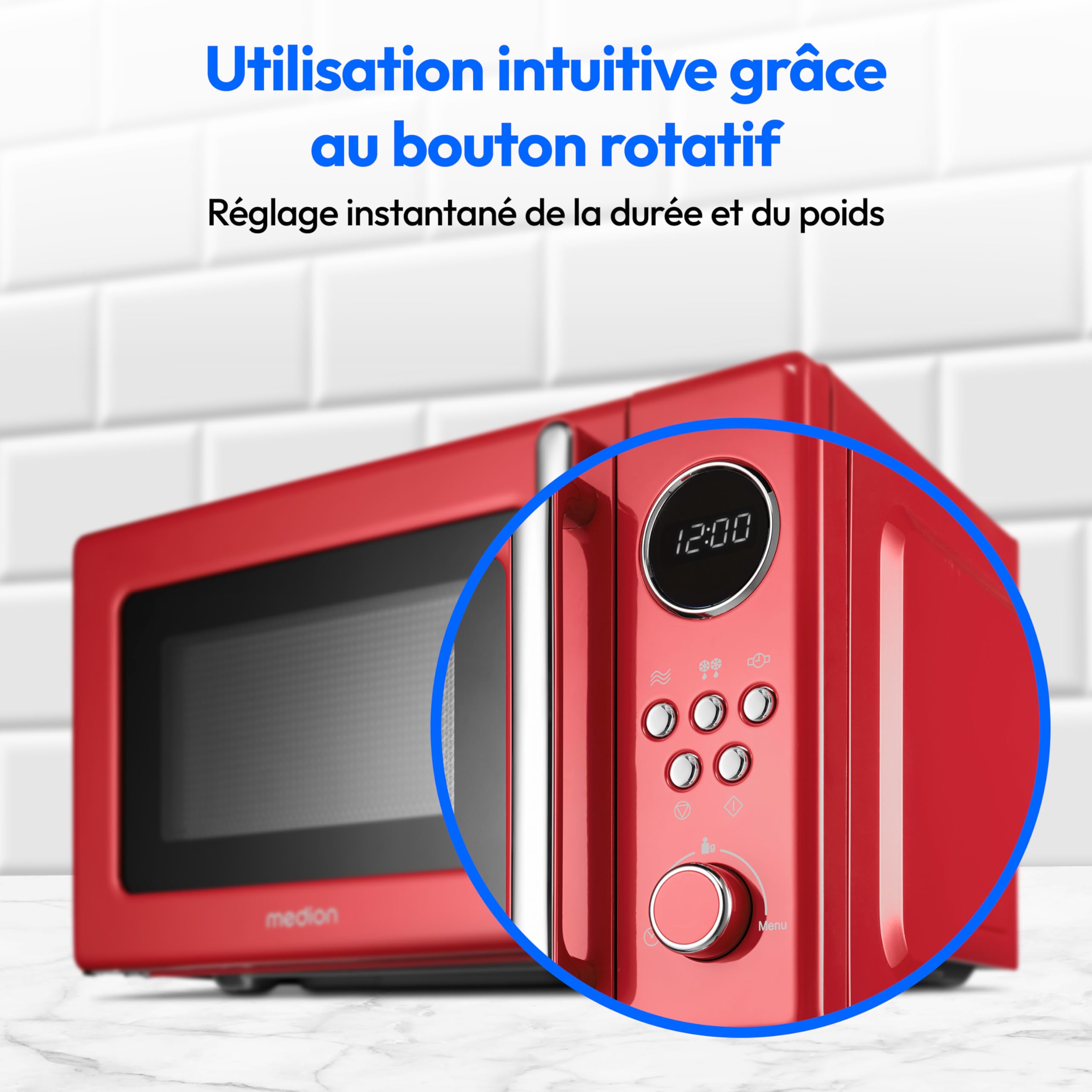 MEDION Micro-ondes rétro (20 litres, env. 800 watts, 5 niveaux de micro-ondes, affichage numérique, fonction décongélation, compact) rouge