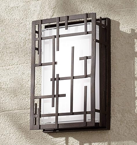 Possini Euro Design Modern Lines - Lámpara de pared para exteriores, marco de rejilla de bronce regulable, 9 14 pulgadas, cristal blanco para