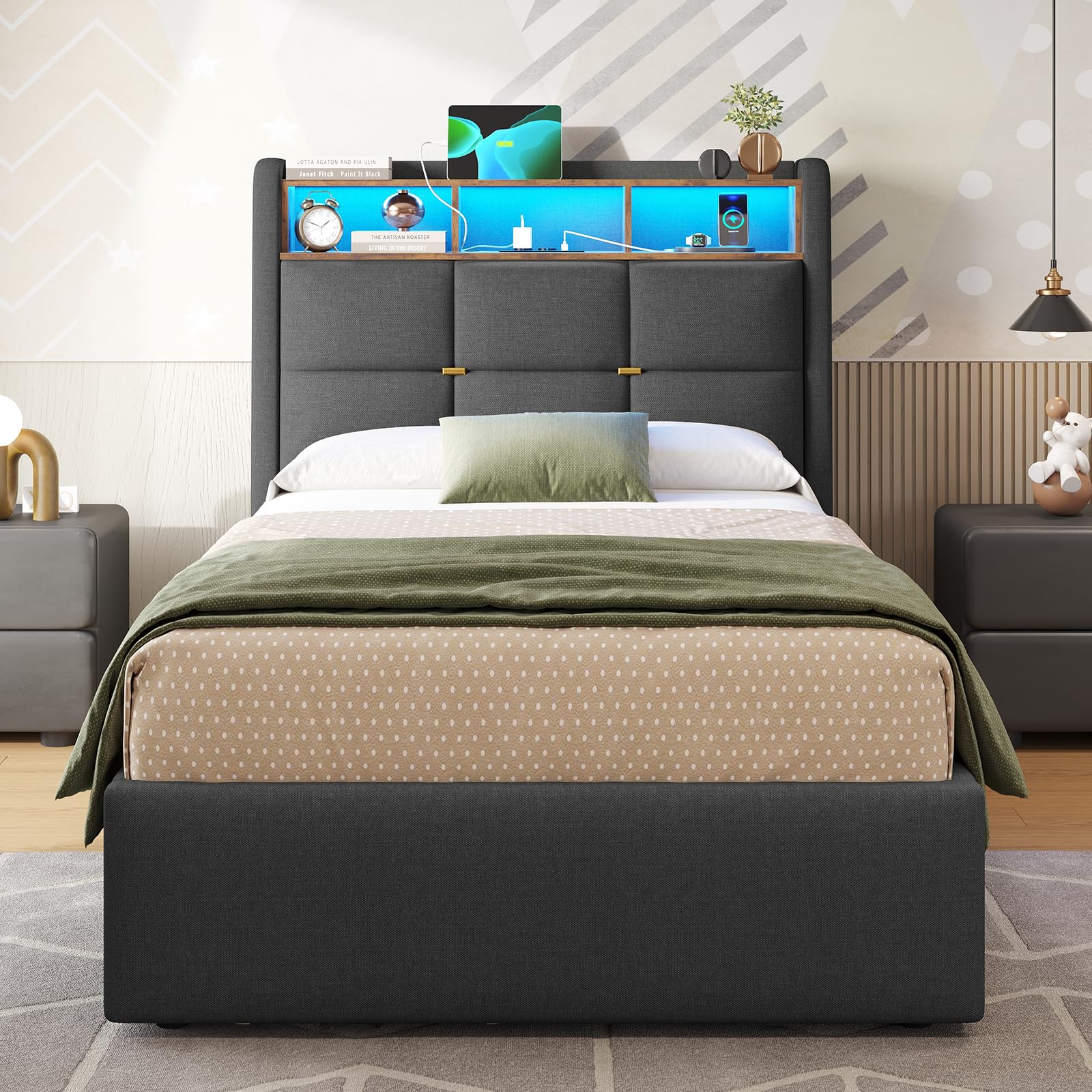 DICTAC - Cama matrimonial acolchada 90x200 con iluminación LED y barra de enchufes, cama individual para jóvenes 90x200 con somier de láminas, estructura de cama para adultos con espacio de
