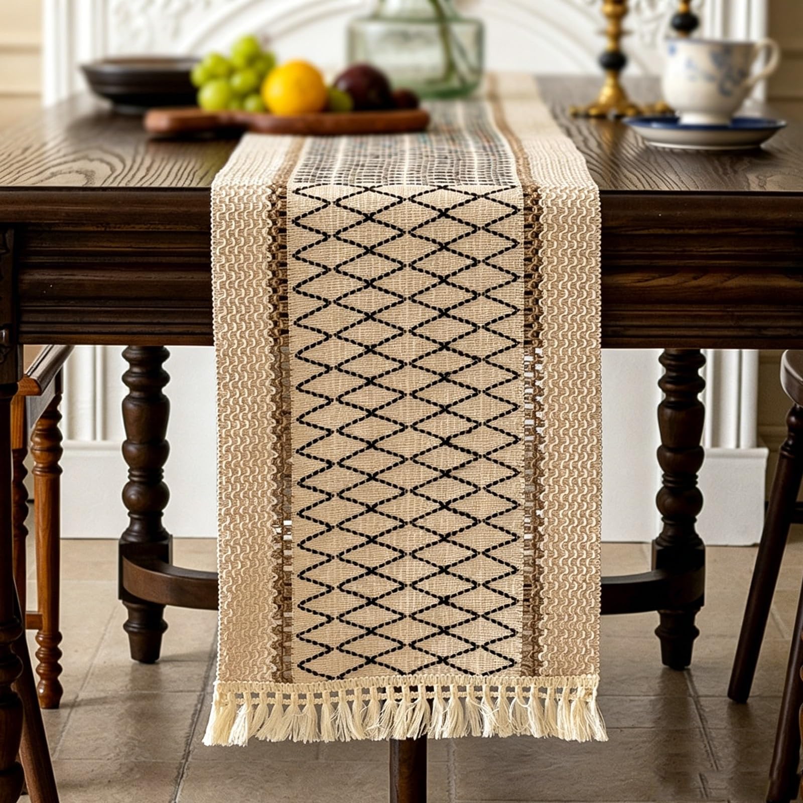 Vintage Grid Texture Table Runner, Linen Cotton Rustic Aesthetic Table Runner, Hollow Bevel Edge Long Tea Mat, for TV Stand Dresser Home Decor(Black,350cm/137.7in)