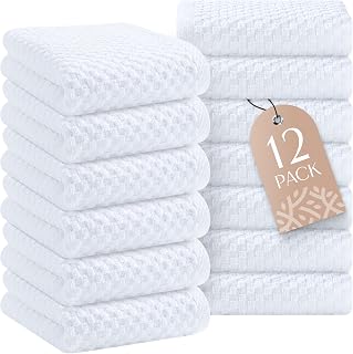 Wealuxe 12 Pack Super Absorbent 100% Cotton Kitchen Towels - Thick 450GSM Dobby Weave White Dish Towels for Drying Cleaning
