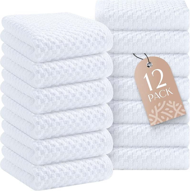 Super Absorbent Kitchen Towels 12 Pack - Premium 100% Cotton Kitchen Towels, 450GSM Thick Machine Washable White Dish Towels for Kitchen Drying, Cleaning, Dobby Weave, Unmatched Quality