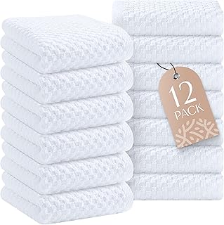 Wealuxe Super Absorbent Kitchen Towels 12 Pack - Premium 100% Cotton Kitchen Towels, 450GSM Thick Machine Washable White Dish Towels for Kitchen Drying, Cleaning, Dobby Weave, Unmatched Quality OEKO-TEX STANDARD 100