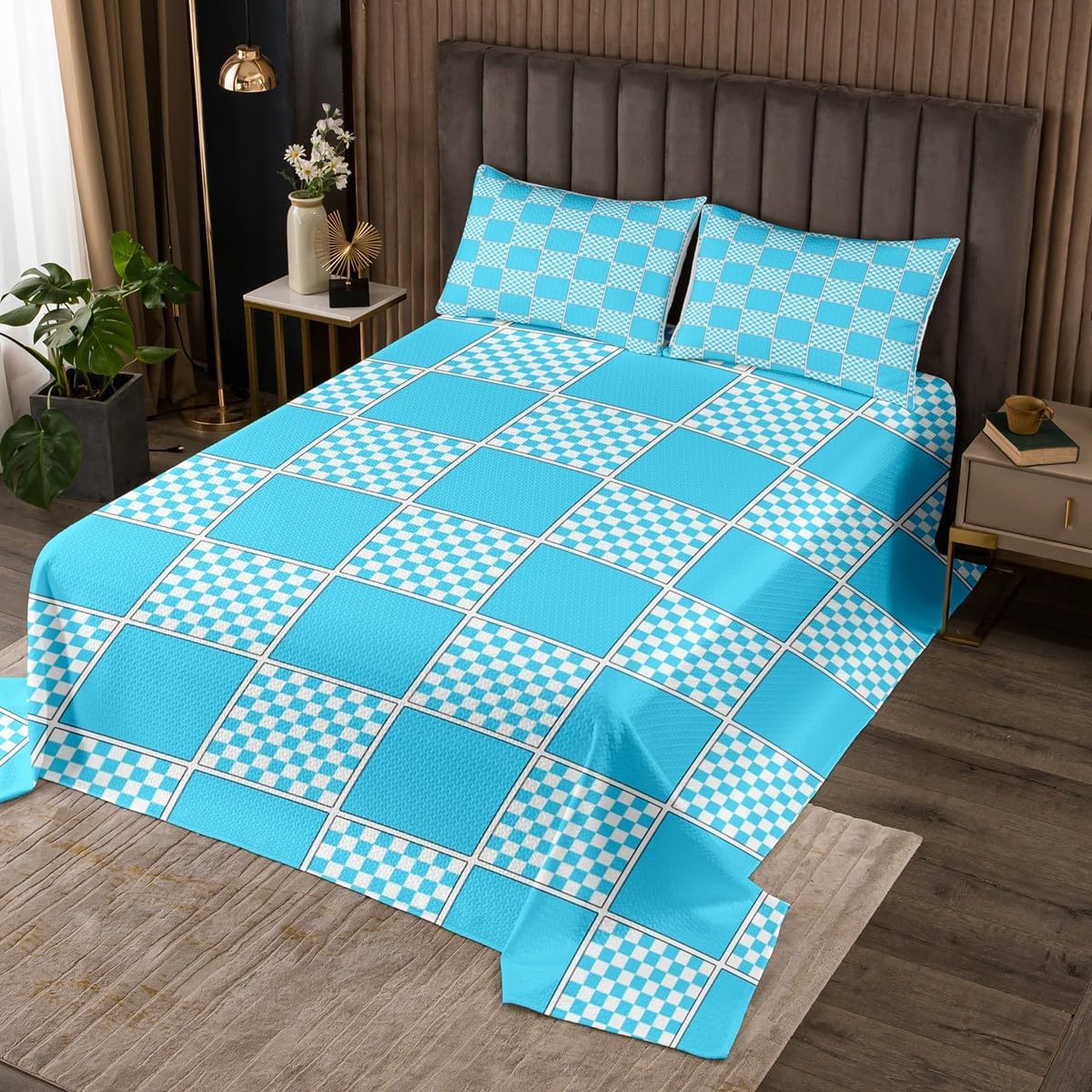 Erosebridal Sky Blue Checkered Quilt Set Queen Gingham Buffalo Plaid Bedspread Geometric Grids Coverlet Set for Kids Adults,Modern Bedding Quilted