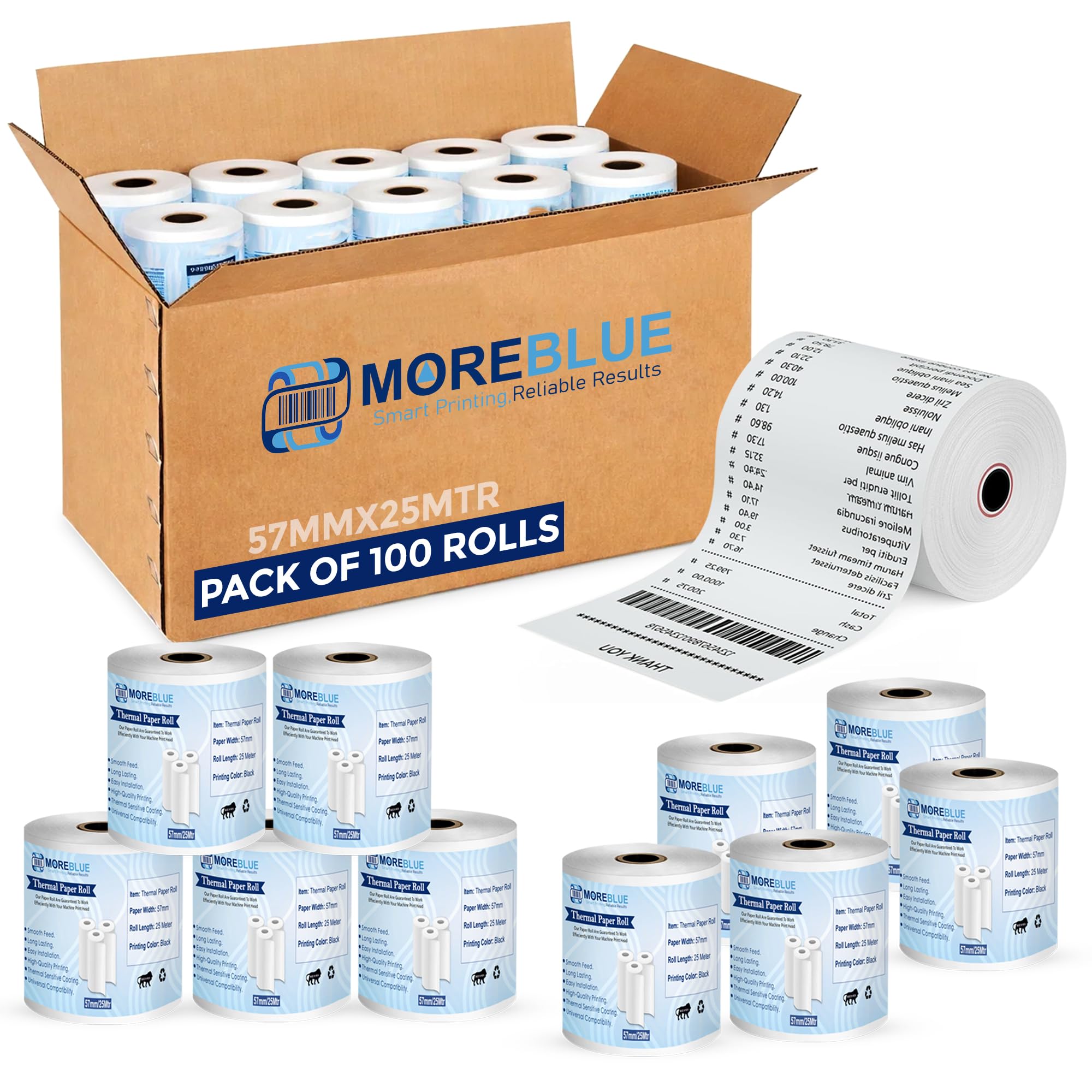 MOREBLUE® Thermal Paper/Billing Machine/POS Machine Rolls 2 inch- 57mm(Width) x 25 meter(Length) for POS, Credit Card Machines, Cash Registers (Pack Of 100 Rolls)