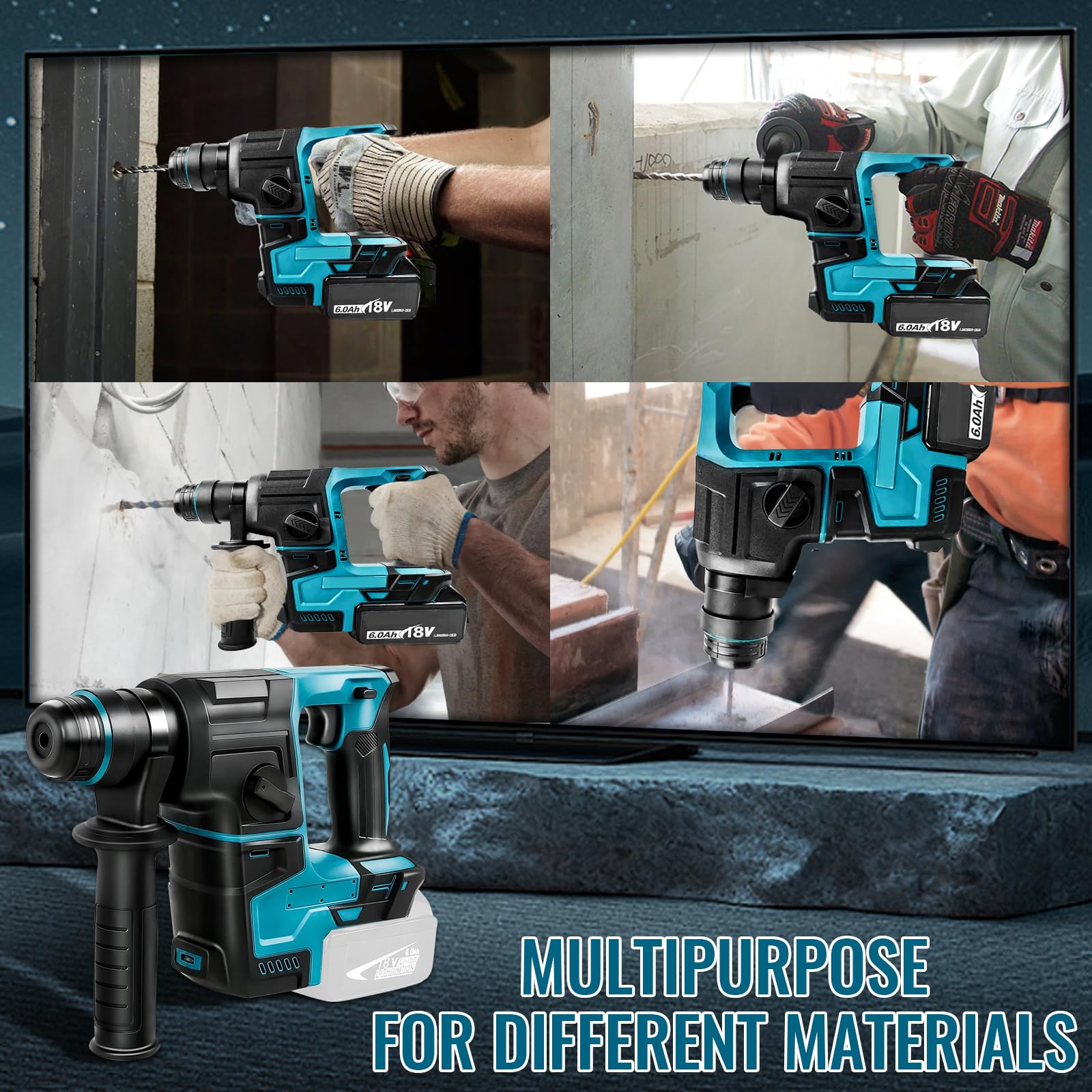 LIROPAU Martillo Perforador a Batería Compatible con Batería Makita 18V con 8 Brocas y Guantes, 2,2 J, 1400 U/min, 4200 bpm, SDS Plus Mandril para Uso Doméstico y Profesional (sin batería)