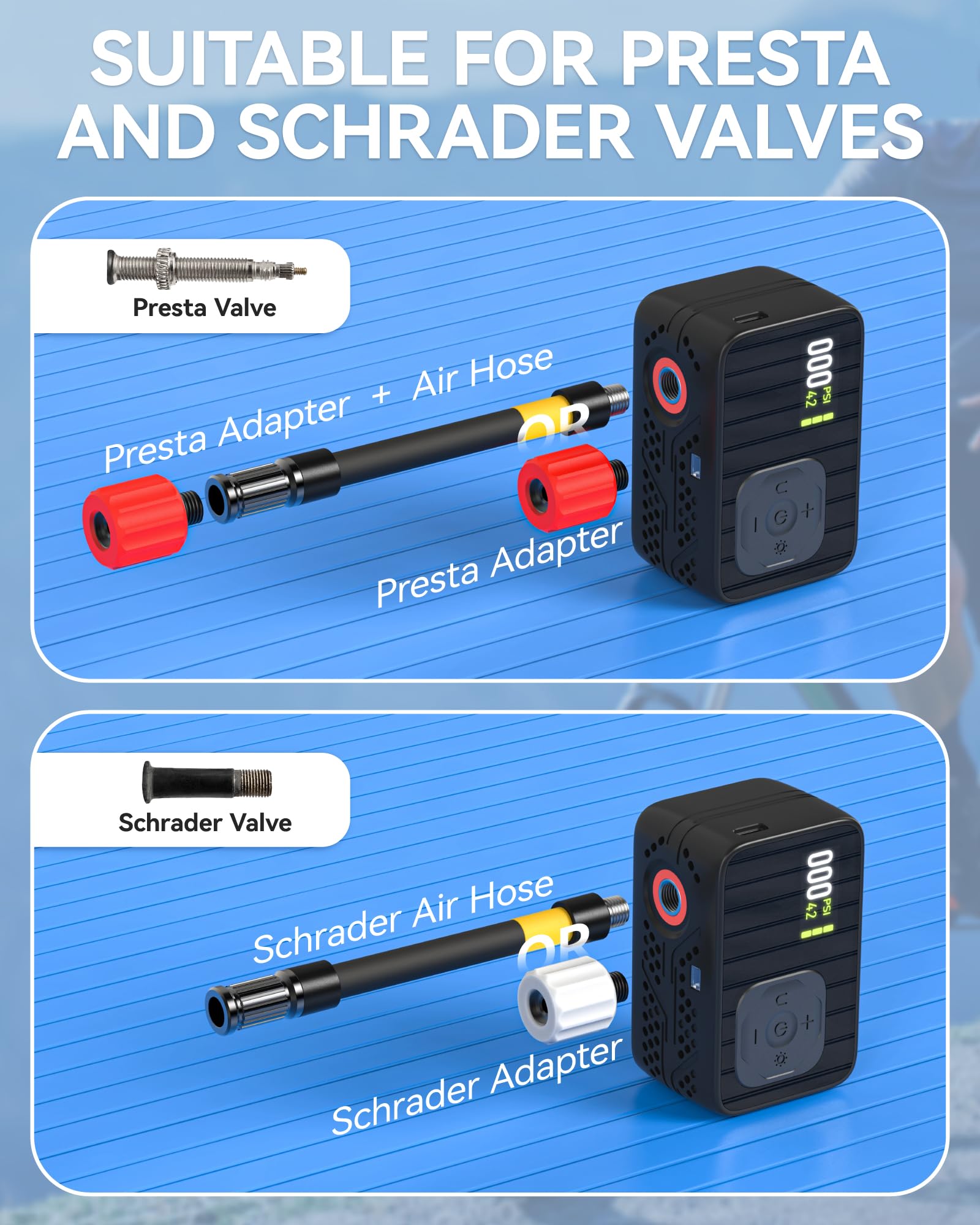 Pompe À Vélo Électrique Auto-Off Lumière LED pour Vélos Électriques VTT Ville Course Valves Presta Schrader