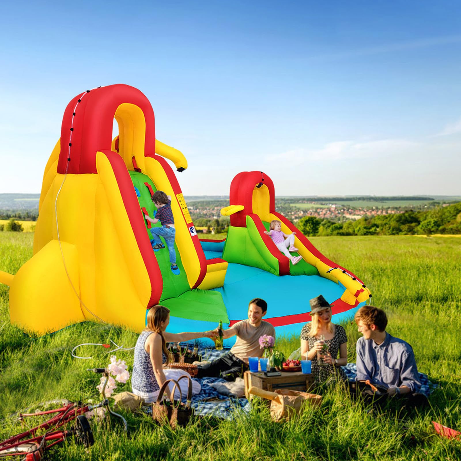 FANTASK Aufblasbare Hüpfburg, 511 x 400 x 240 cm, Wasserhüpfburg für Kinder mit Wasserrutsche, Kletterwand, Planschbecken, Wasserkanone & Basketballkorb, Wasserpark für Außenbereich