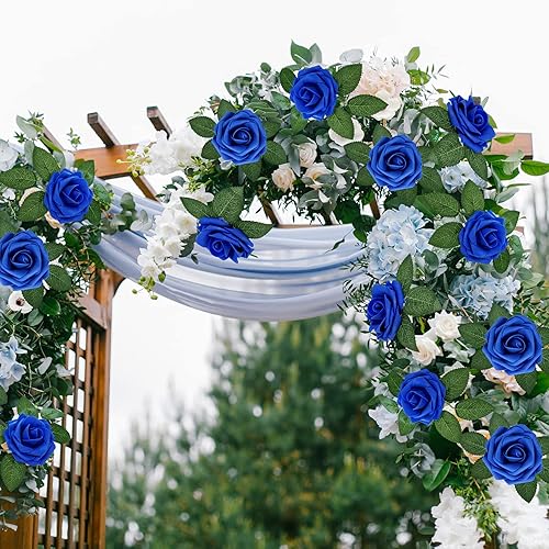 Miniatura 18 de Winlyn 50 rosas rojas de tacto real con tallos y hojas de seda, flores artificiales a granel para bodas, centros de mesa, arreglos florales