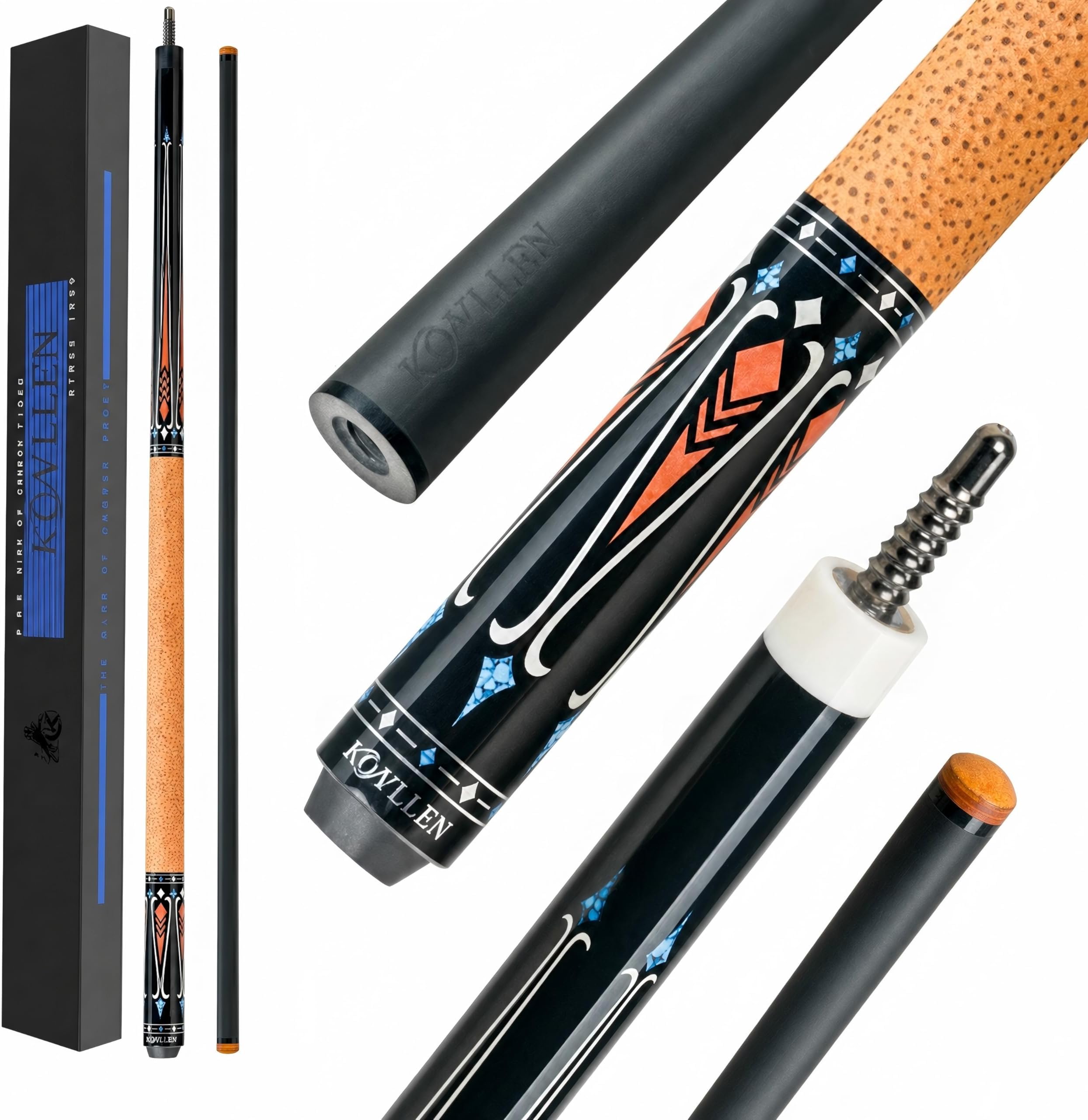 KONLLEN Carbon Fiber Pool Cue Stick 58-inch Professional Pool Sticks for Adults Full Carbon Technology Low Deflection Pool Cue Billiard Cues with 12.5mm Tip (Easy to Control, Pro Taper, Ultra-Smooth)