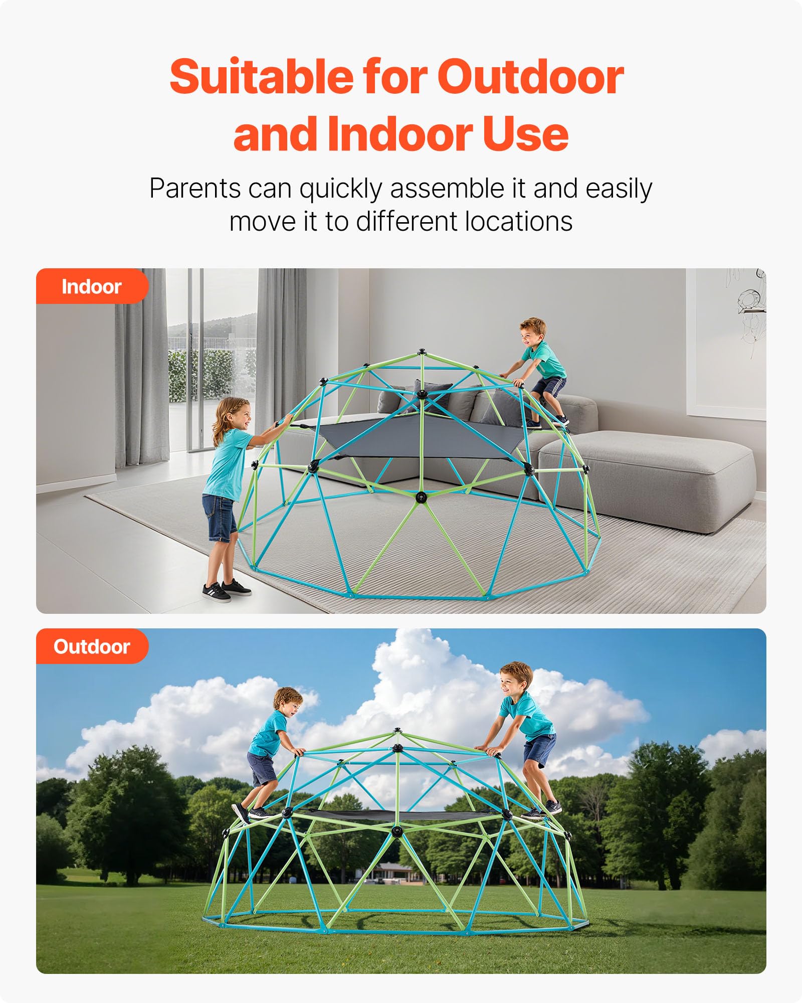 VEVOR Struttura da Arrampicata Geometrica a Cupola Larghezza 305 cm con Altalena e Amaca, Capacità di Carico 453 kg, Attrezzatura da Arrampicata per Bambini dai 3 ai 10 Anni, Parco Giochi Giardino