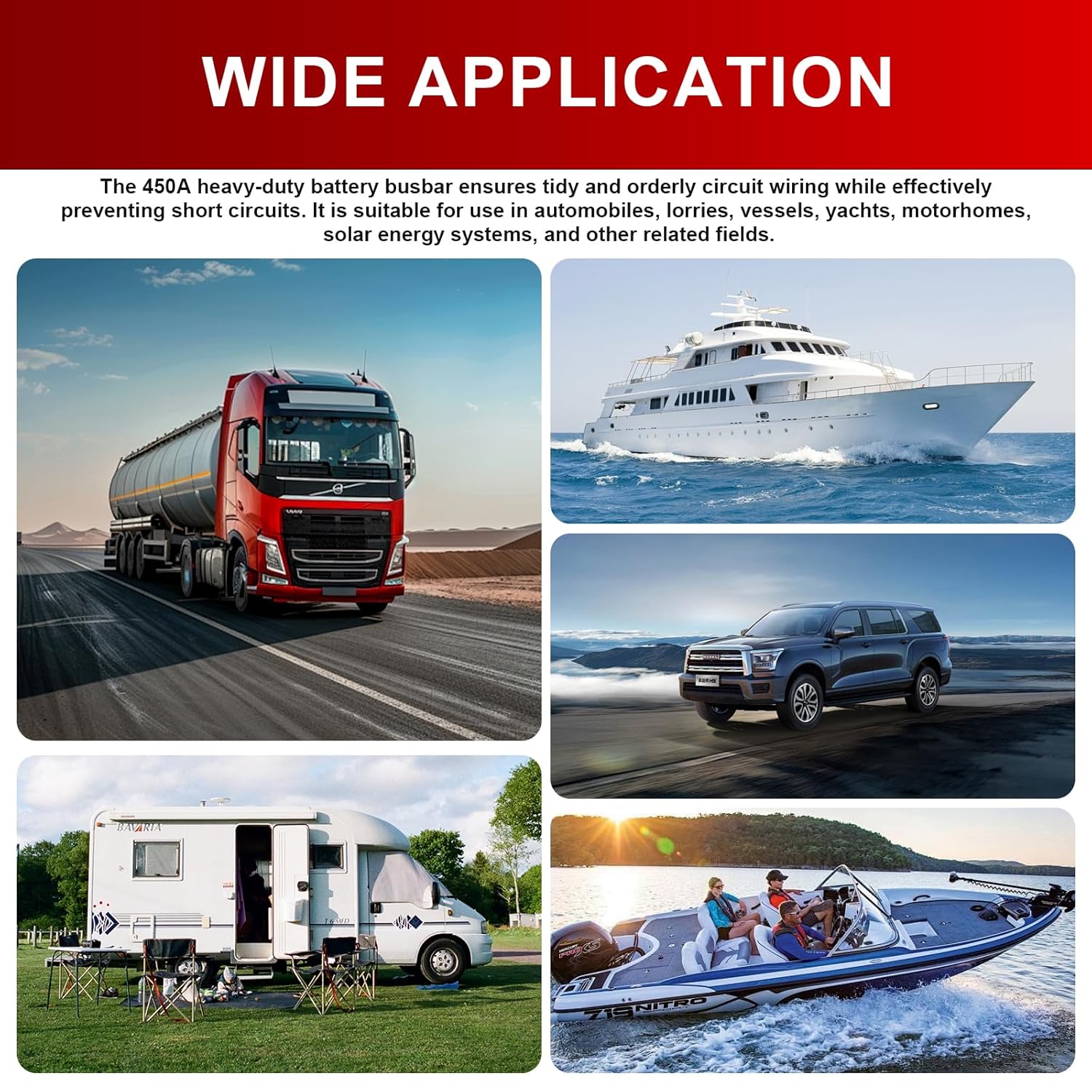 450A Bus Bar 12V DC Power Distribution Block with 4 x 5/16" Studs, Heavy Duty Marine Battery Bus Bar Terminal Block, for Automotive, Car, Solar Wiring, Positive & Negative (Split)