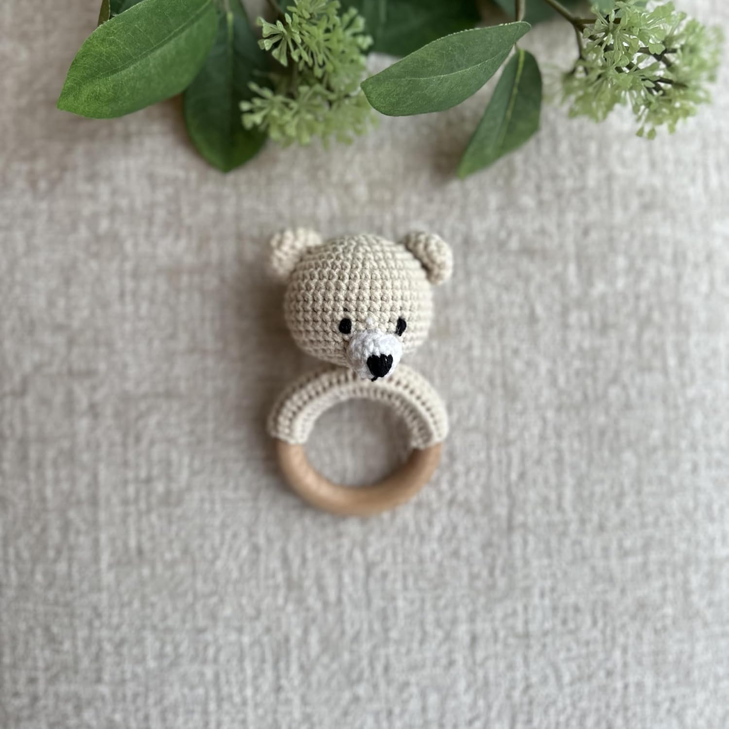 Organic Cotton Handmade Crotchet Bear Rattle, Toy, teether and Pacifier Holder Baby Shower/Birthday Gift Set.
