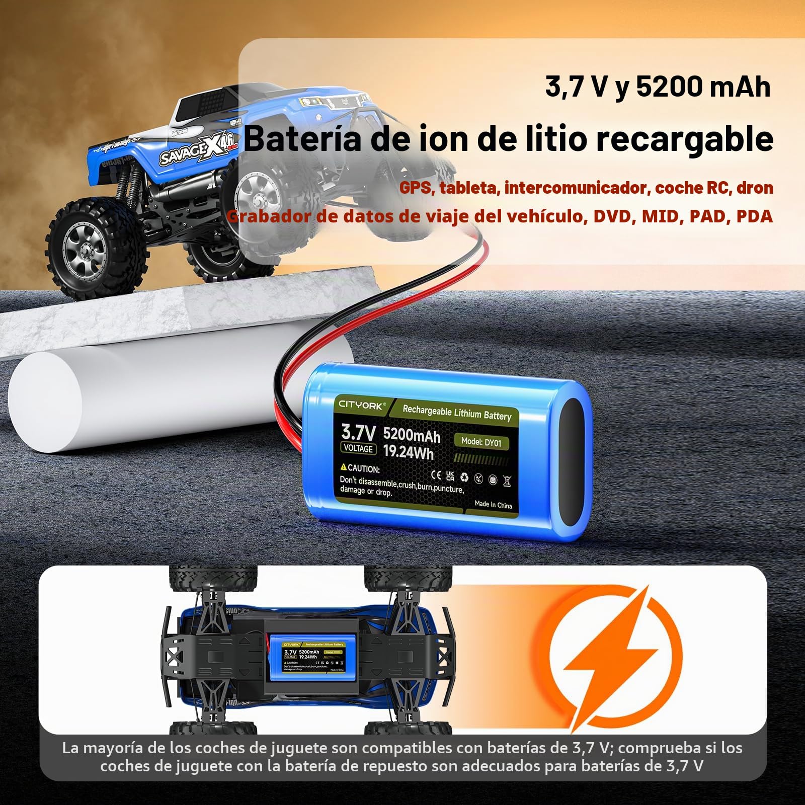 CITYORK (2-Pack) 3,7 V/5200 mAh XH2,54/2P Recargable Batería, para 3.7V Solar inalámbricas cámaras de vigilancia, Juguetes RC, Bluetooth, Amplificadores, Radio, iluminación, circuitos inalámbricos