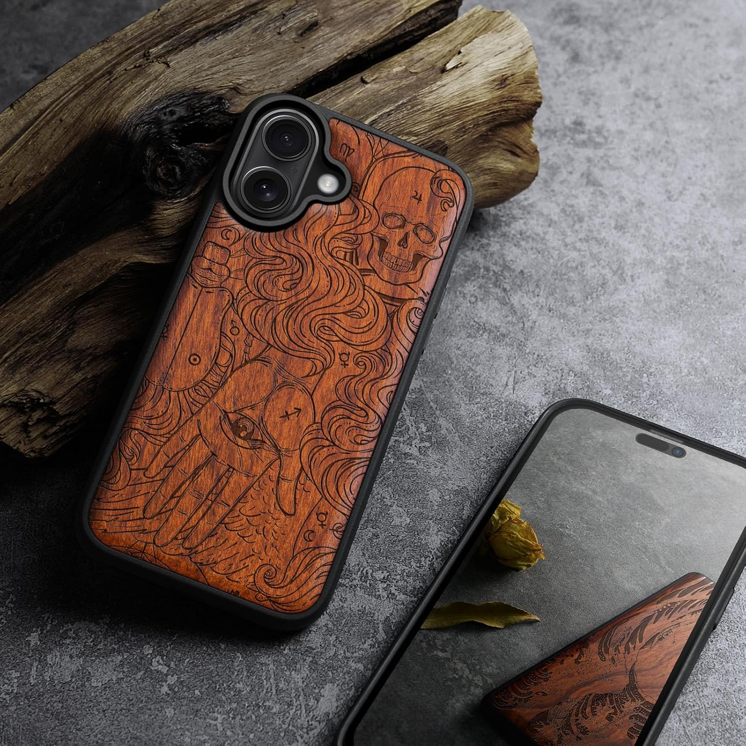 Carveit Magnetic Wooden Case for iPhone 17 Case, Wood Artisan Engraved & Black Soft TPU Shockproof Cover, Compatible with MagSafe Wireless Chargers (Handlesekunst) Rosy