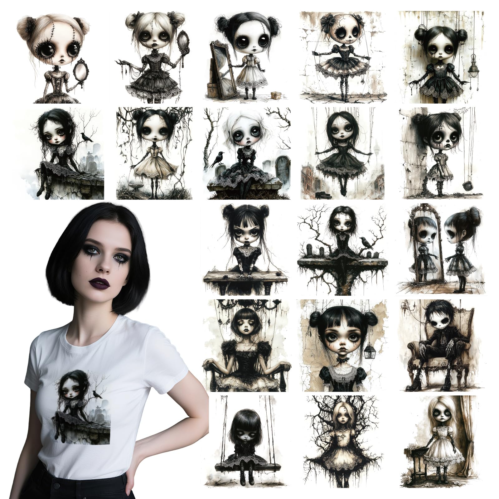 INCOK Gothic DTF Transfers Ready to Press - 20 Sheets Creepy Dolls Iron On Decals Stickers Horror Halloween Iron on Transfers Patches for T Shirts