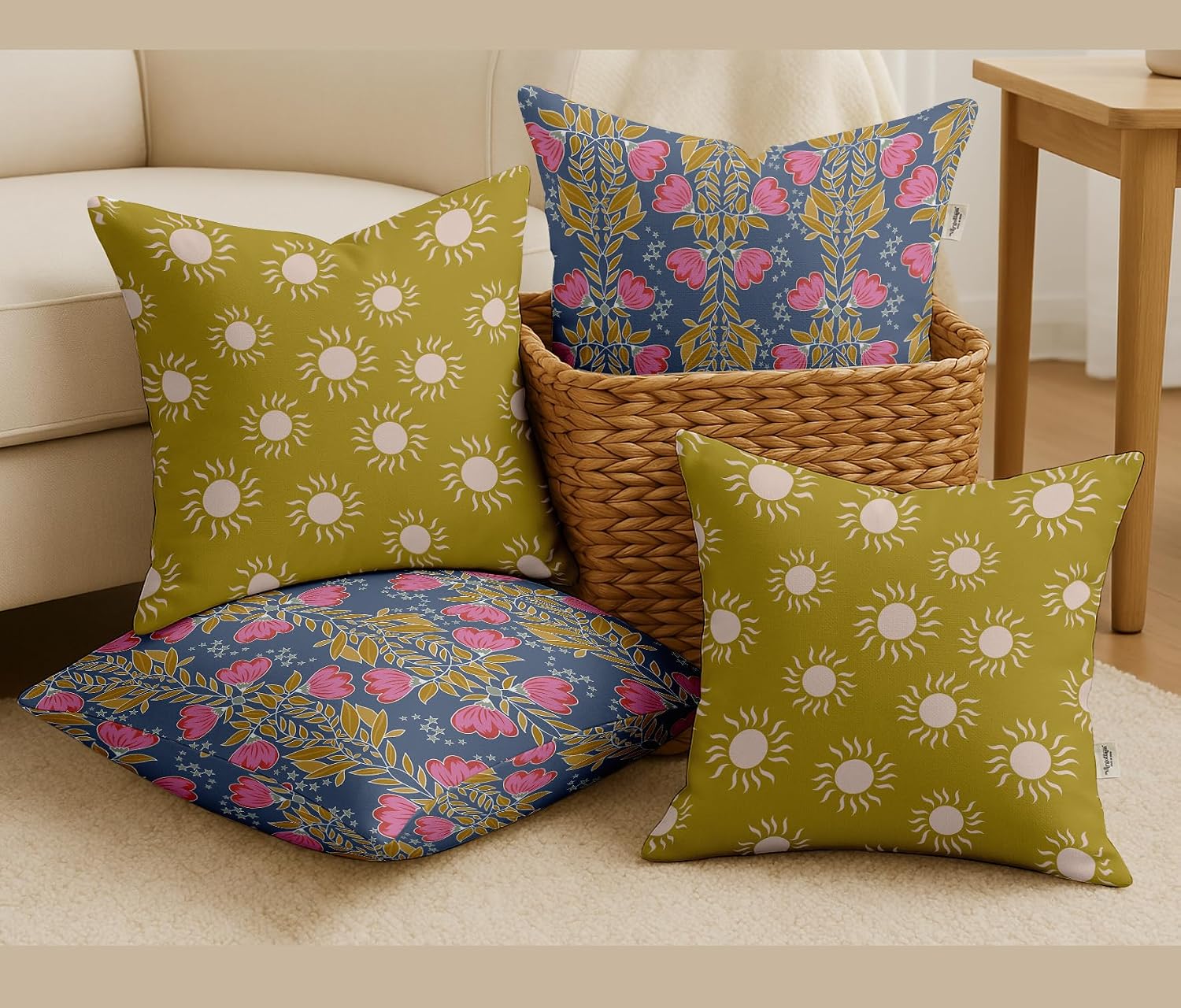 16x16 Inch Cushion Covers Set of 4 - Premium Cotton, Floral Print, Reversible Printed Pillow Covers with Concealed Zipper - Mustard